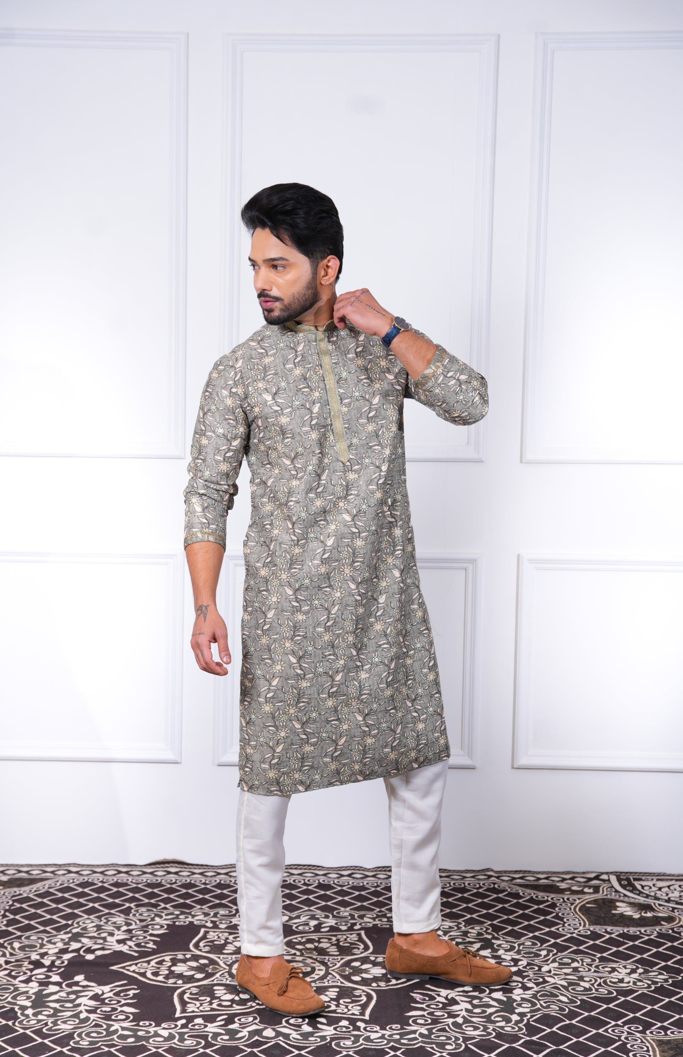 Sage Green Floral Embroidered Kurta