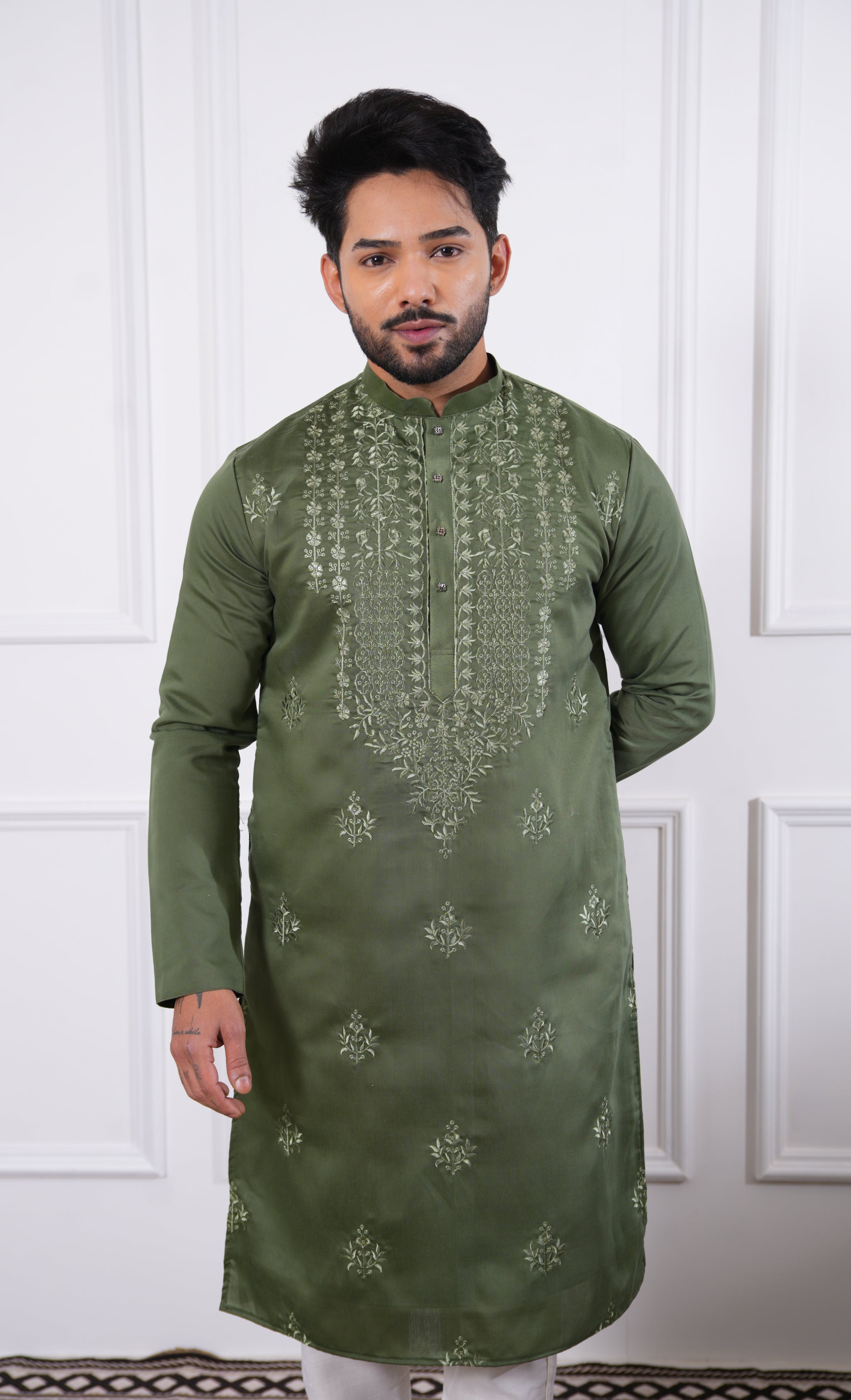 Olive Green Heavy Embroidered Kurta