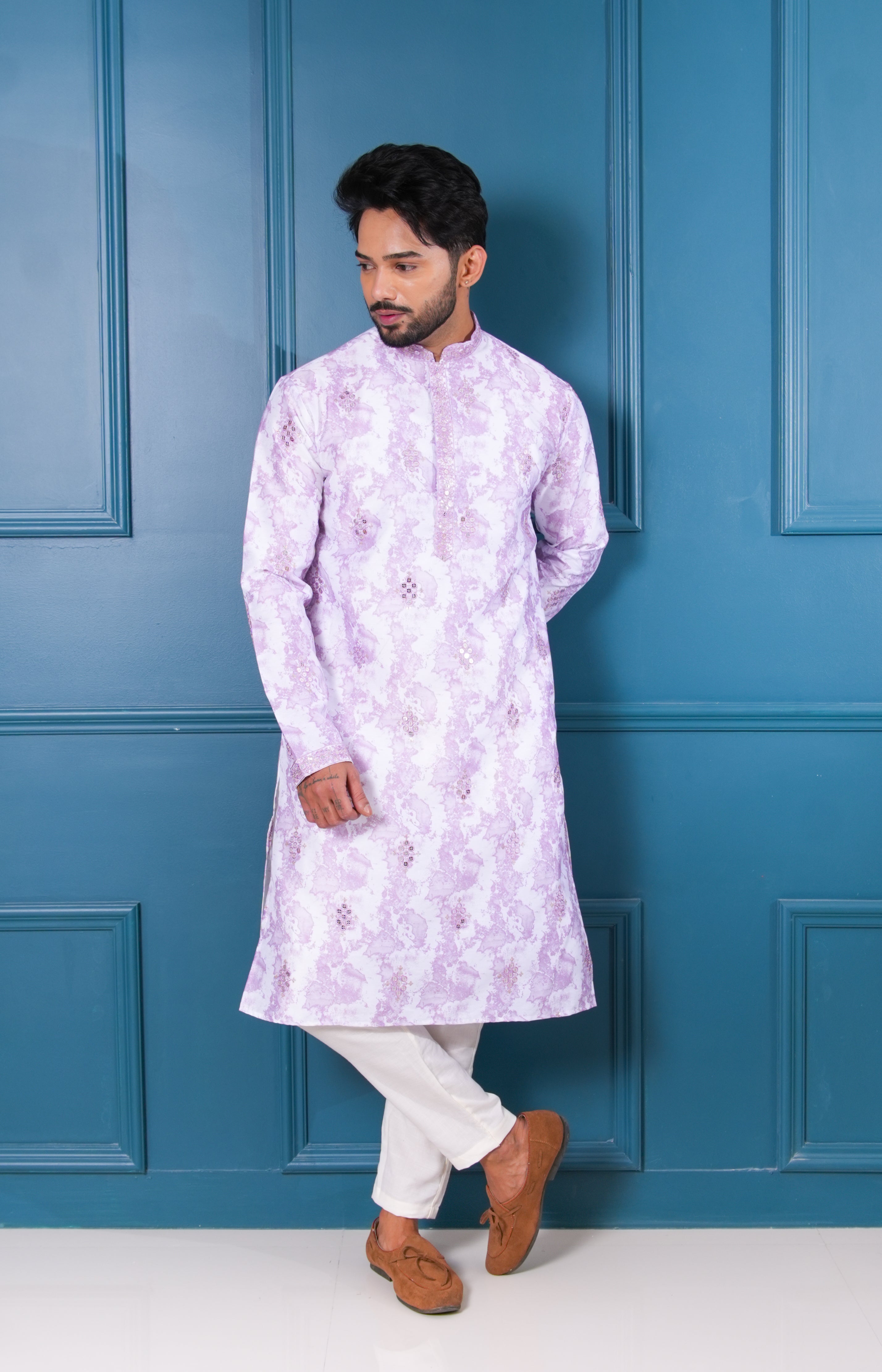 White & Lavender Watercolour Kurta