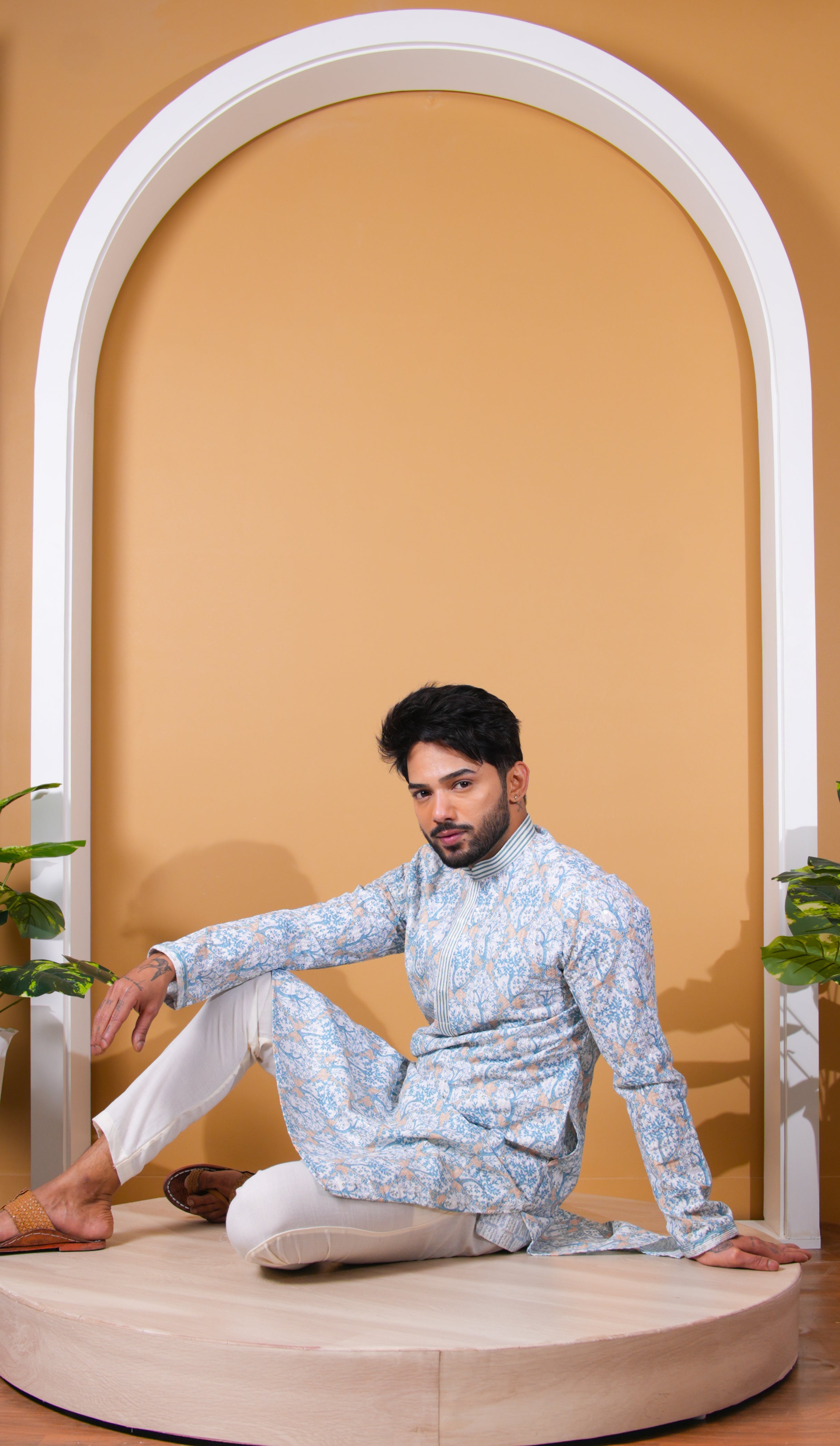 White and Blue Tree Print Kurta