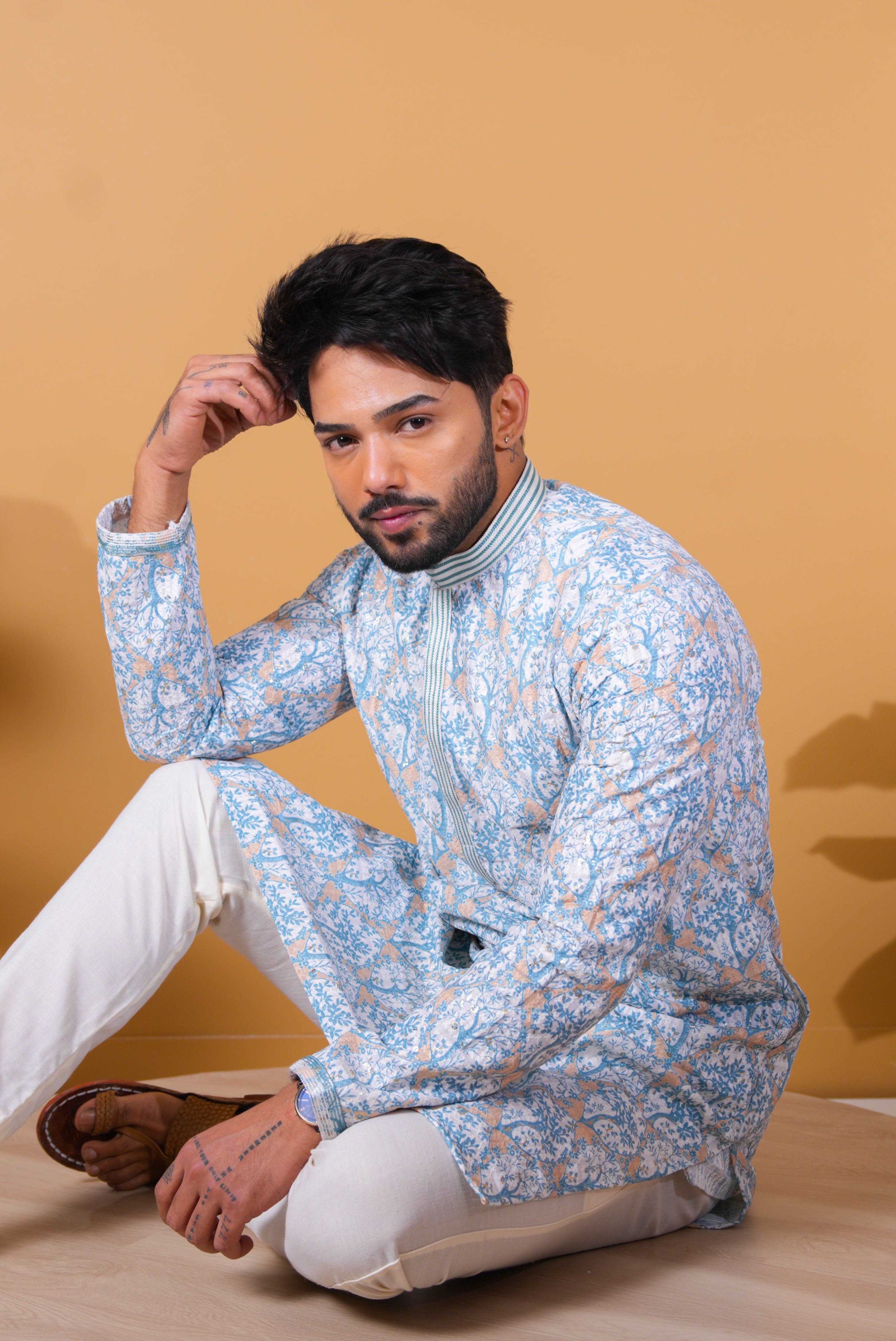 White and Blue Tree Print Kurta