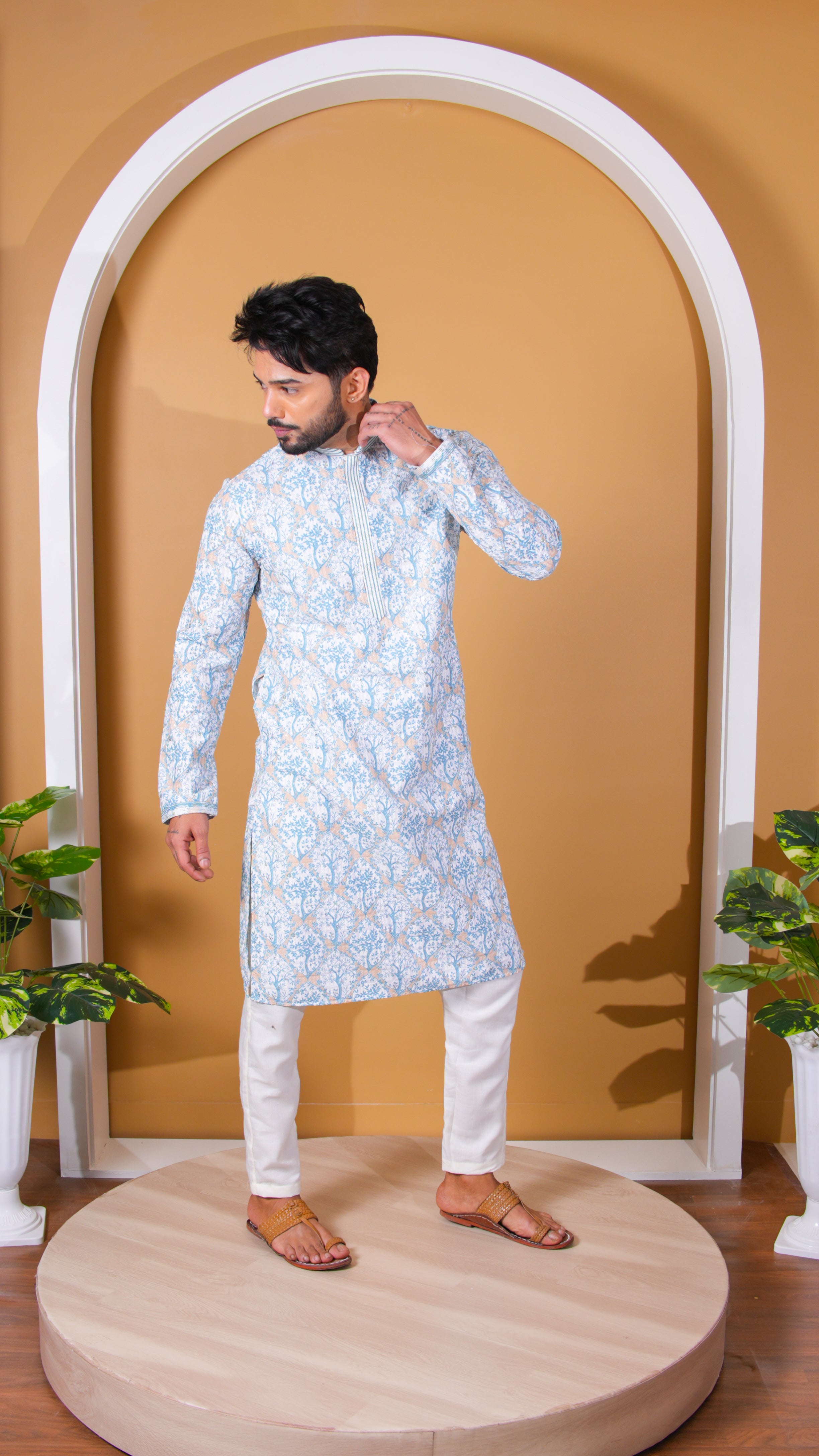 White and Blue Tree Print Kurta