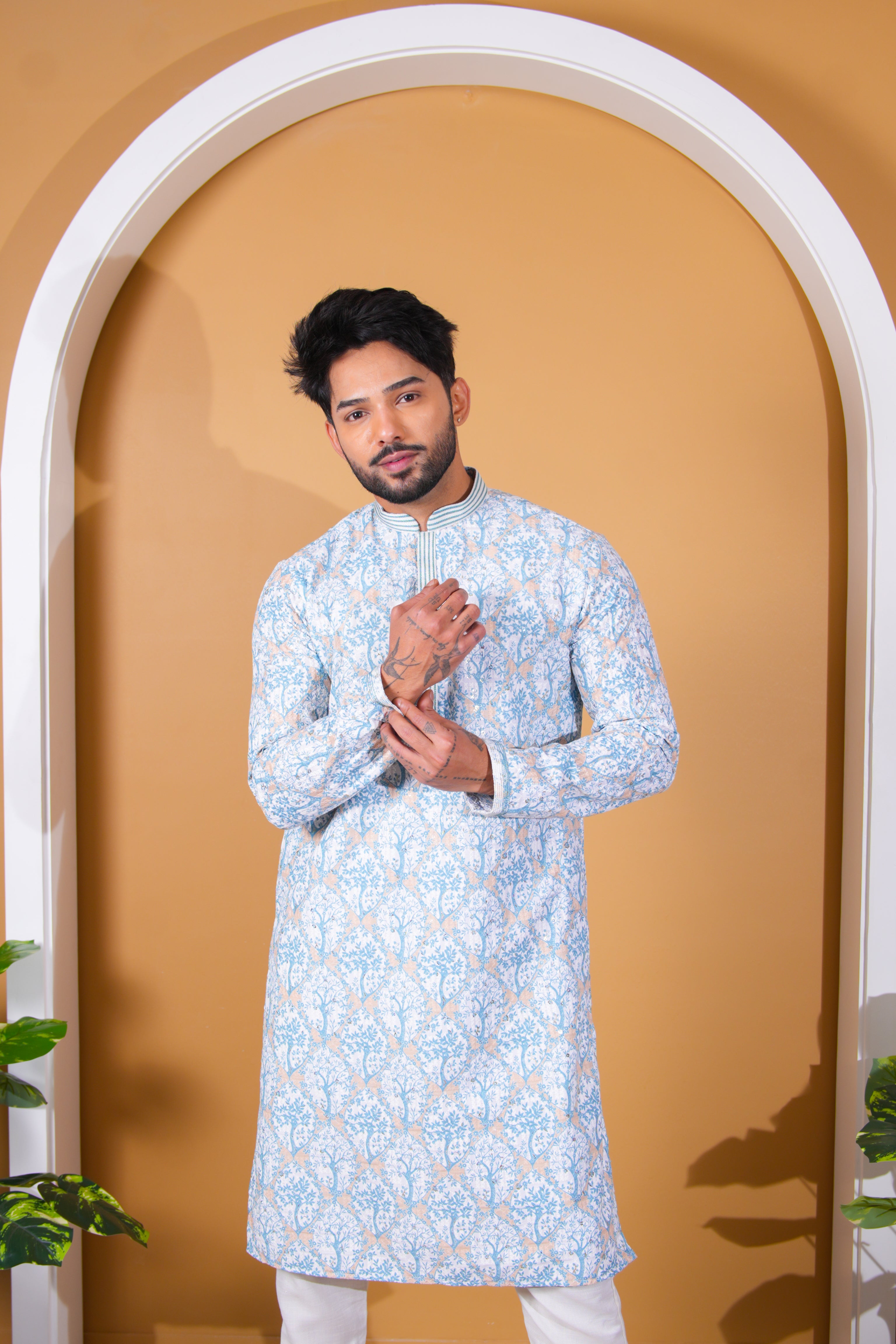 White and Blue Tree Print Kurta