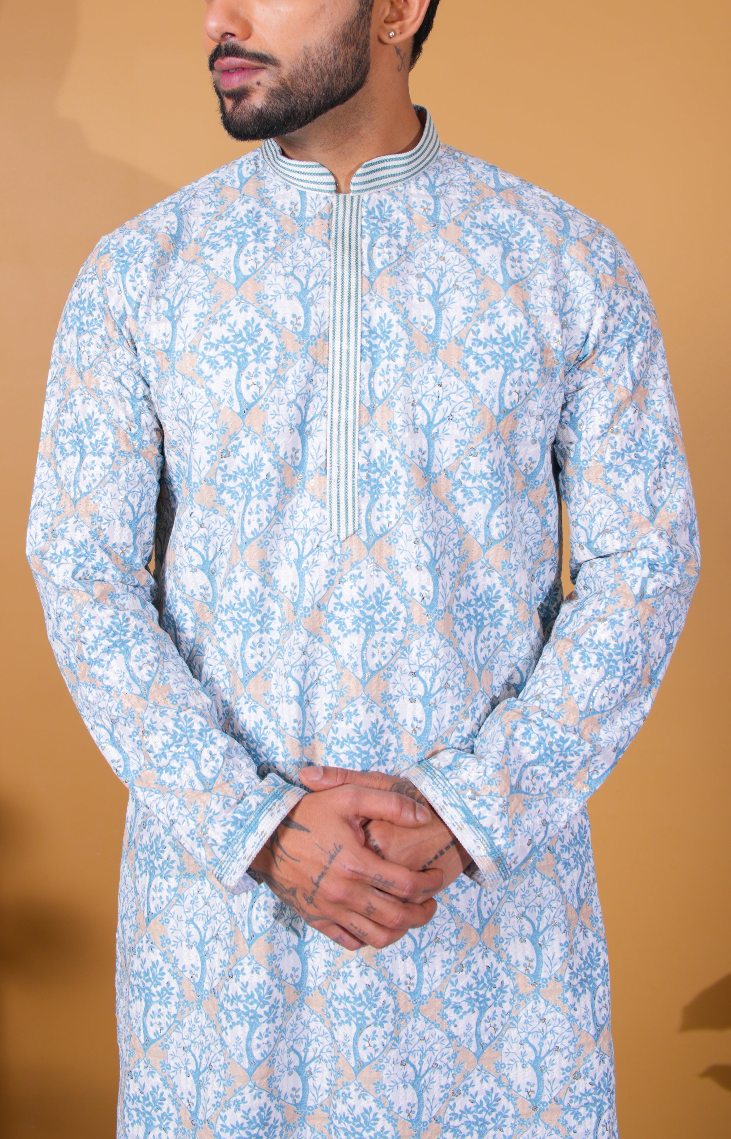 White and Blue Tree Print Kurta