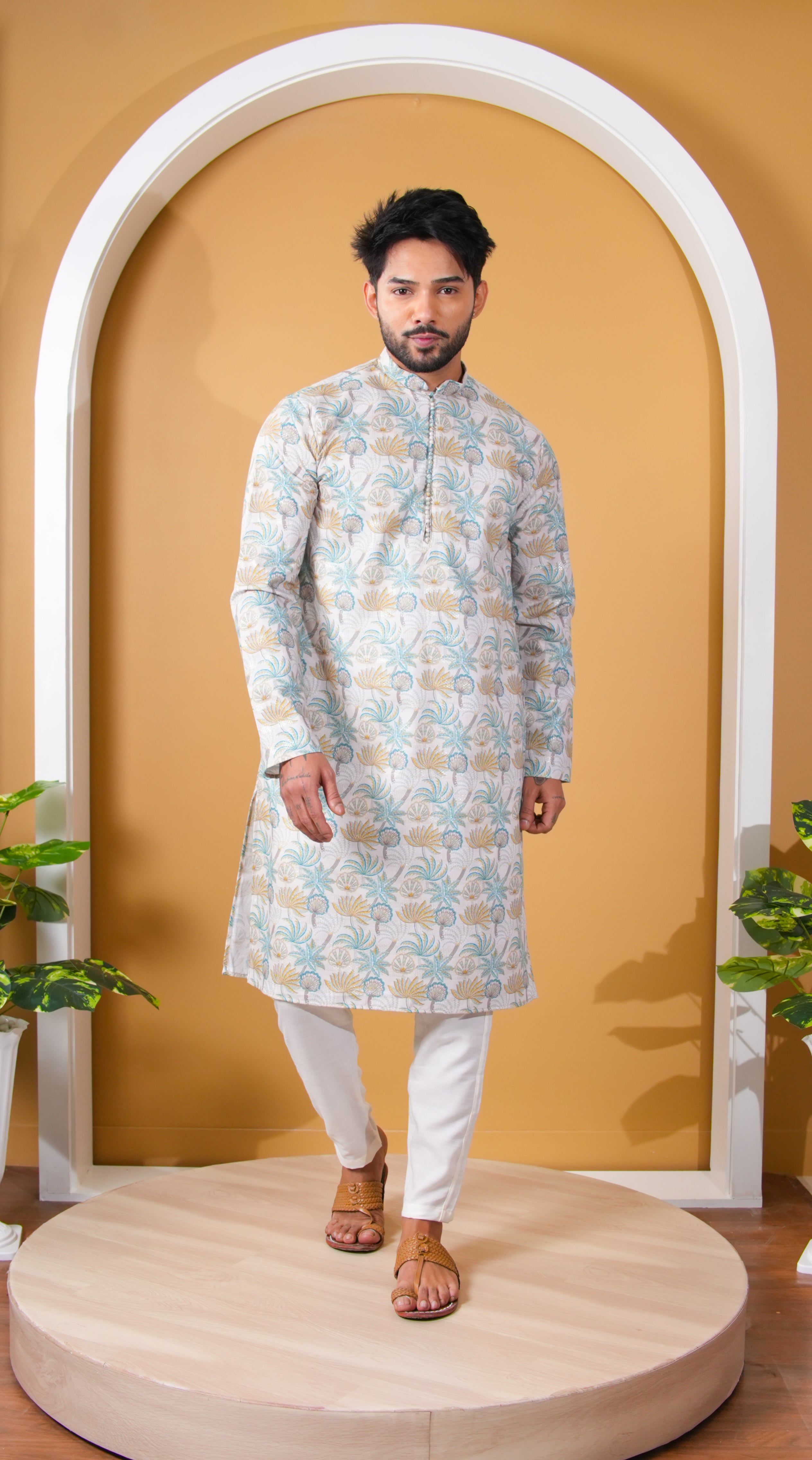 Ivory Tropical Palm Print Kurta