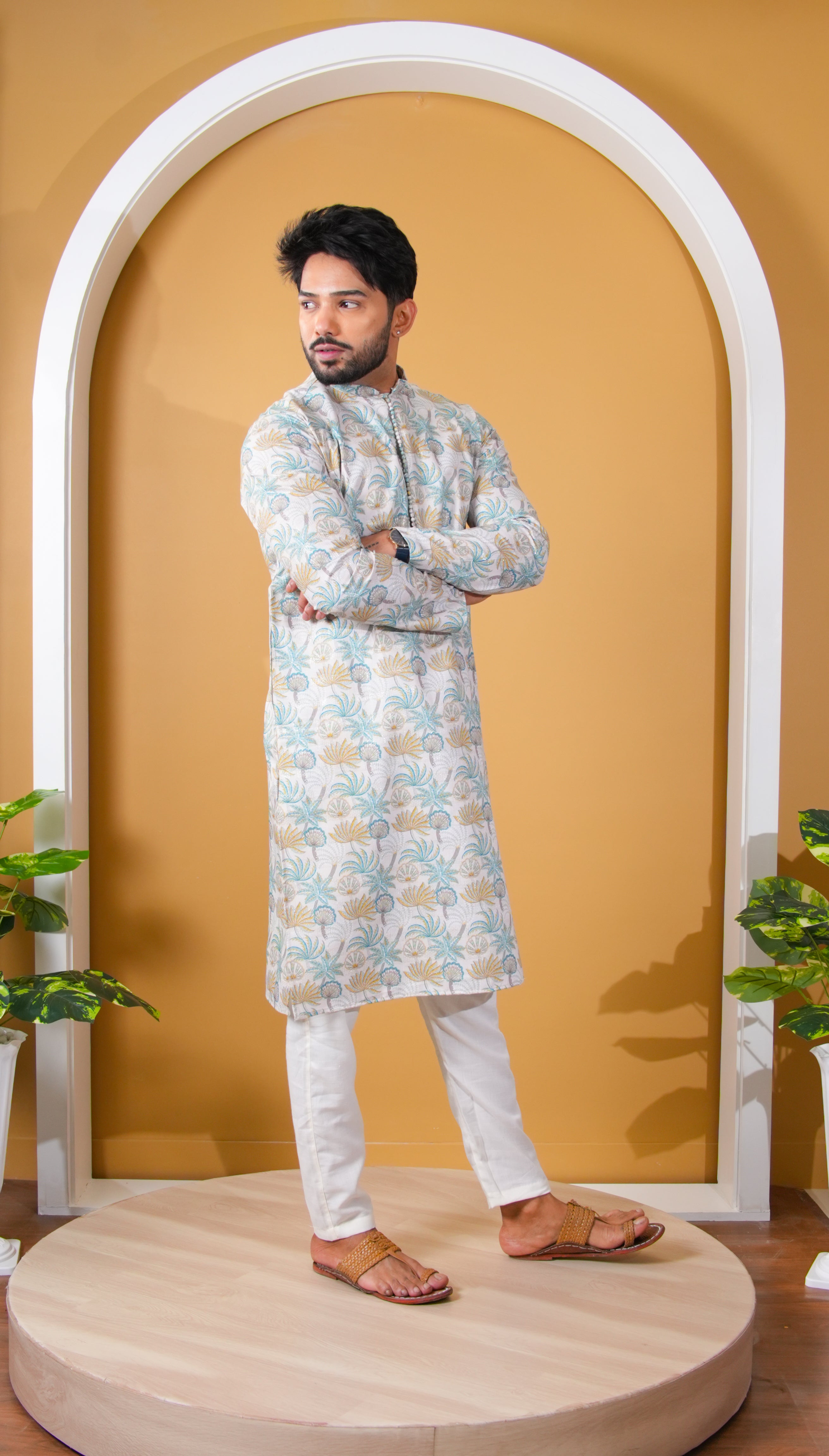 Ivory Tropical Palm Print Kurta