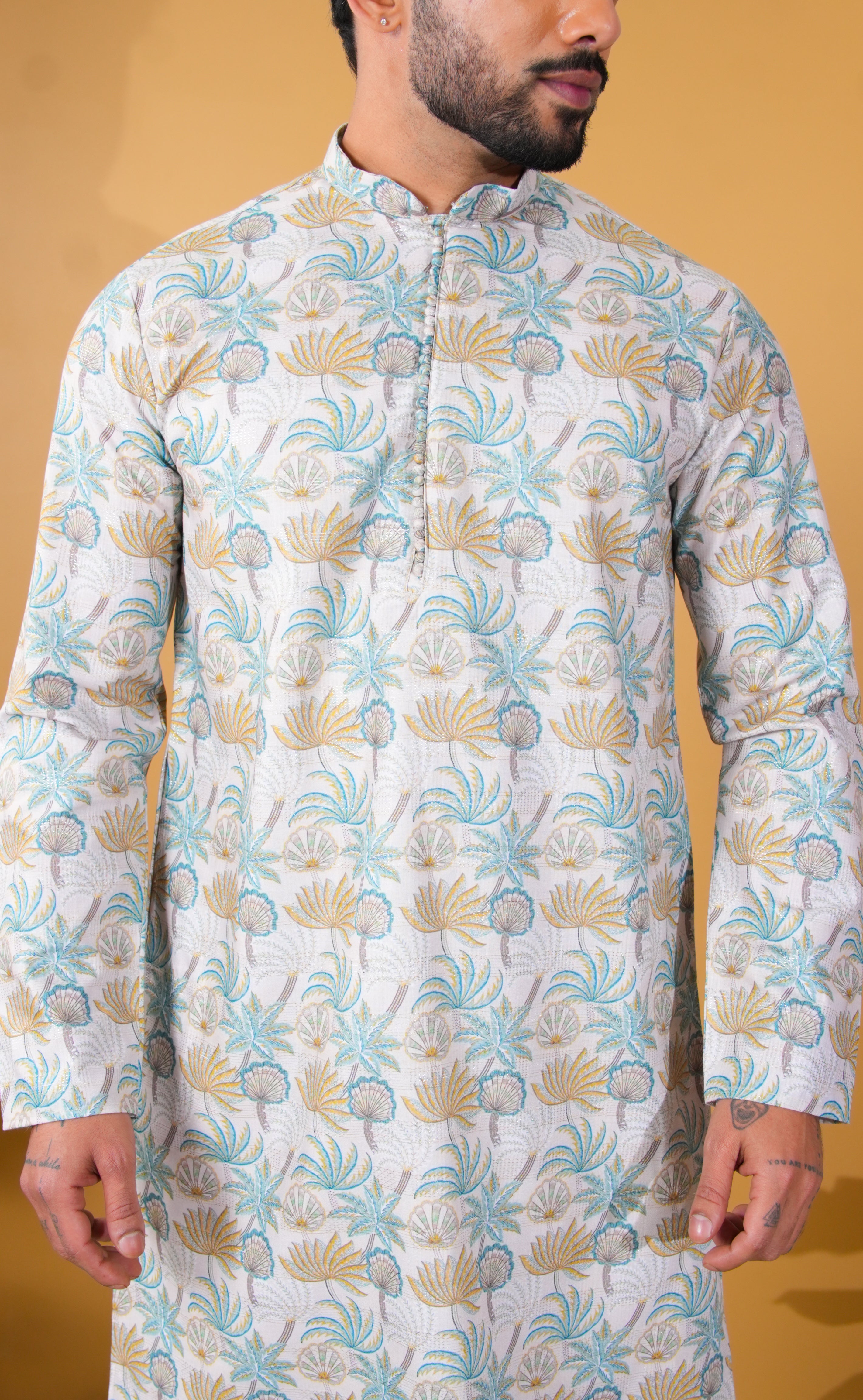 Ivory Tropical Palm Print Kurta
