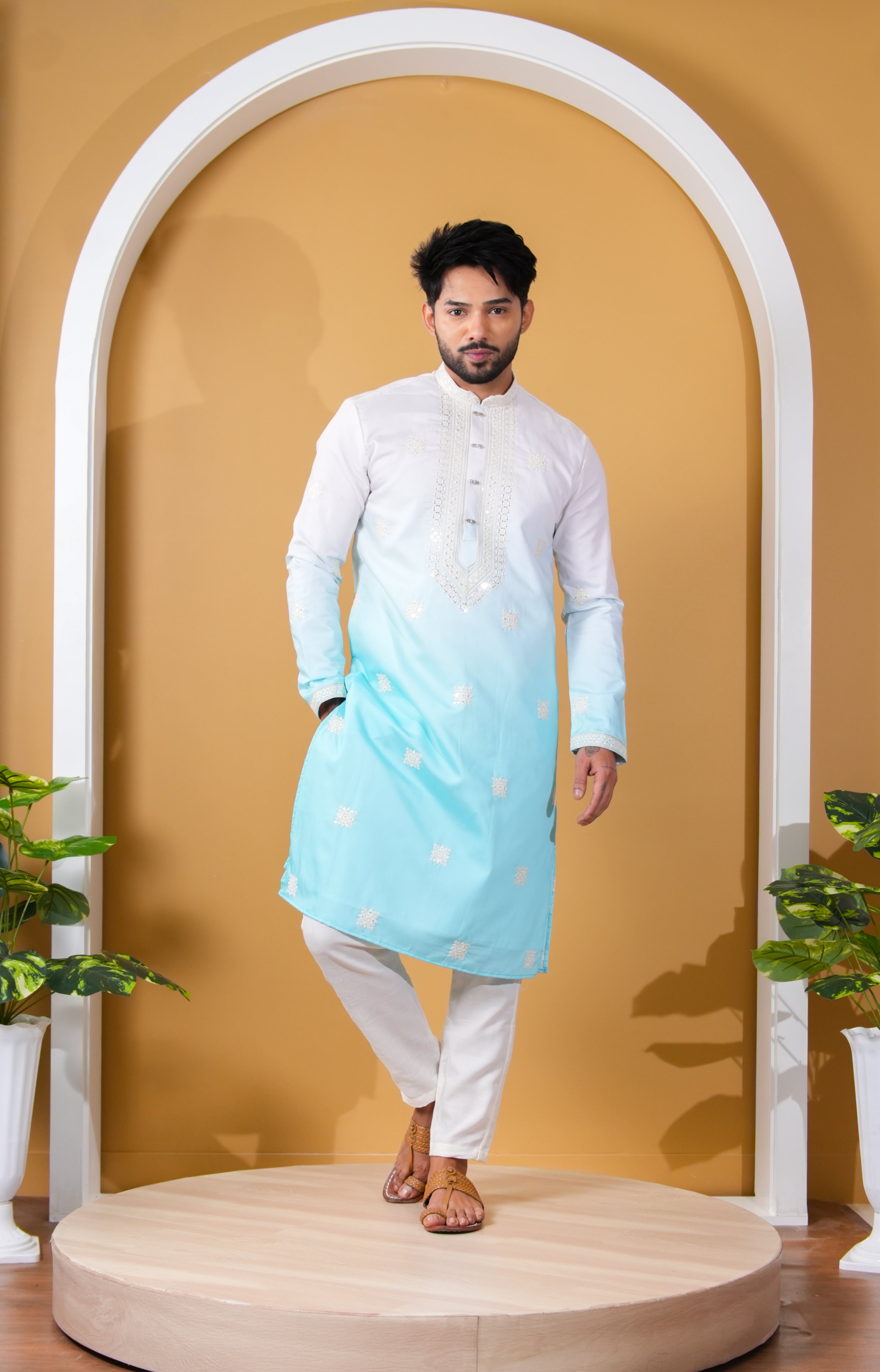 White & Aqua Ombre Kurta