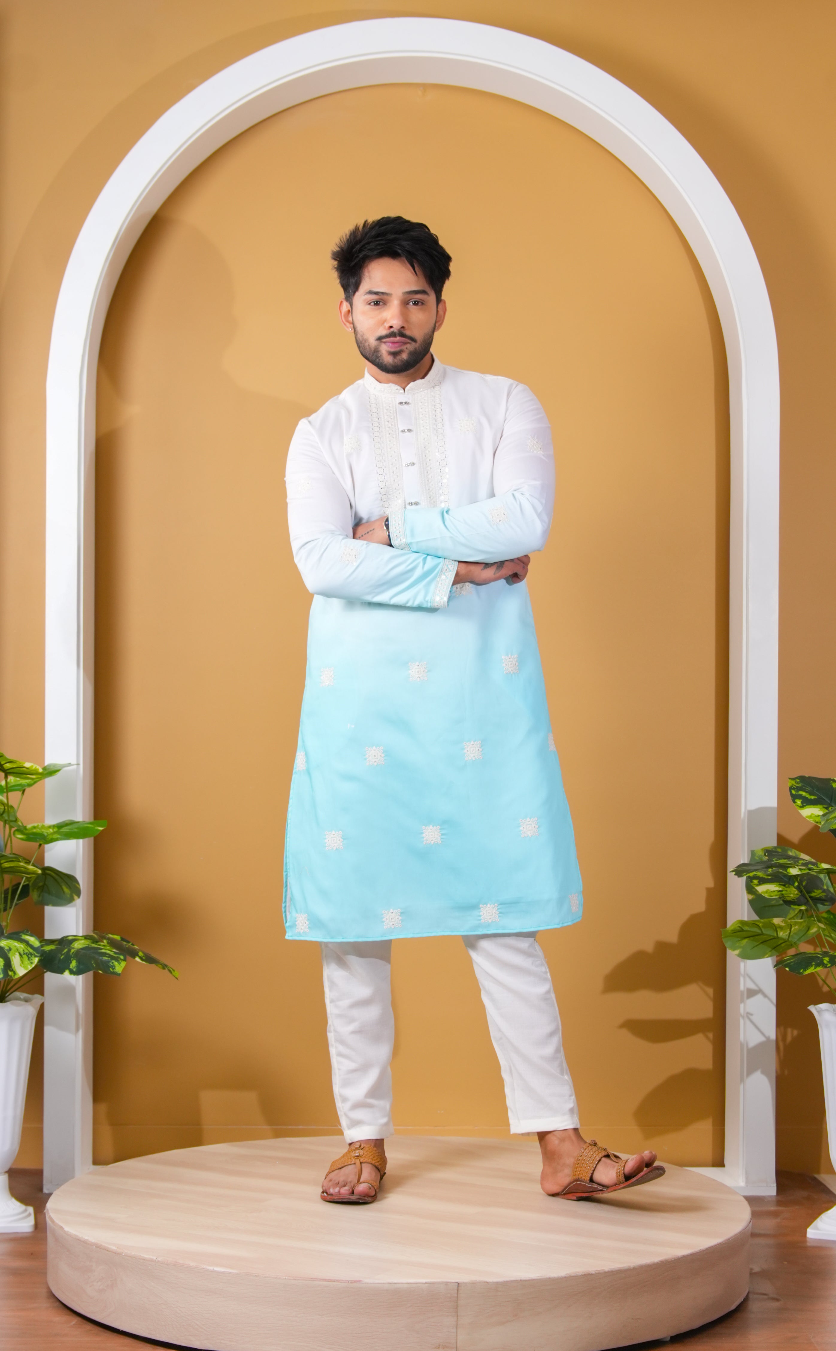 White & Aqua Ombre Kurta