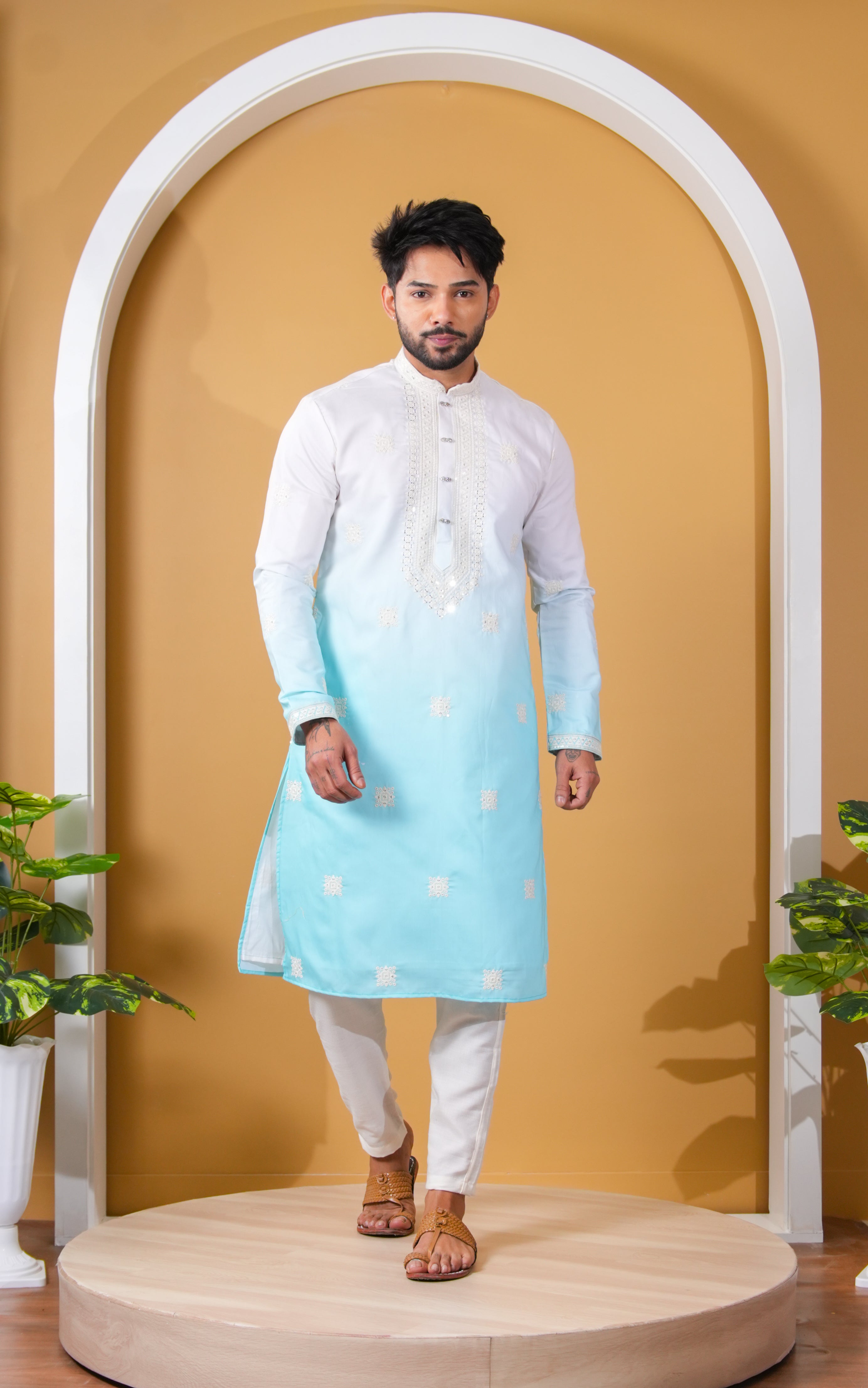 White & Aqua Ombre Kurta