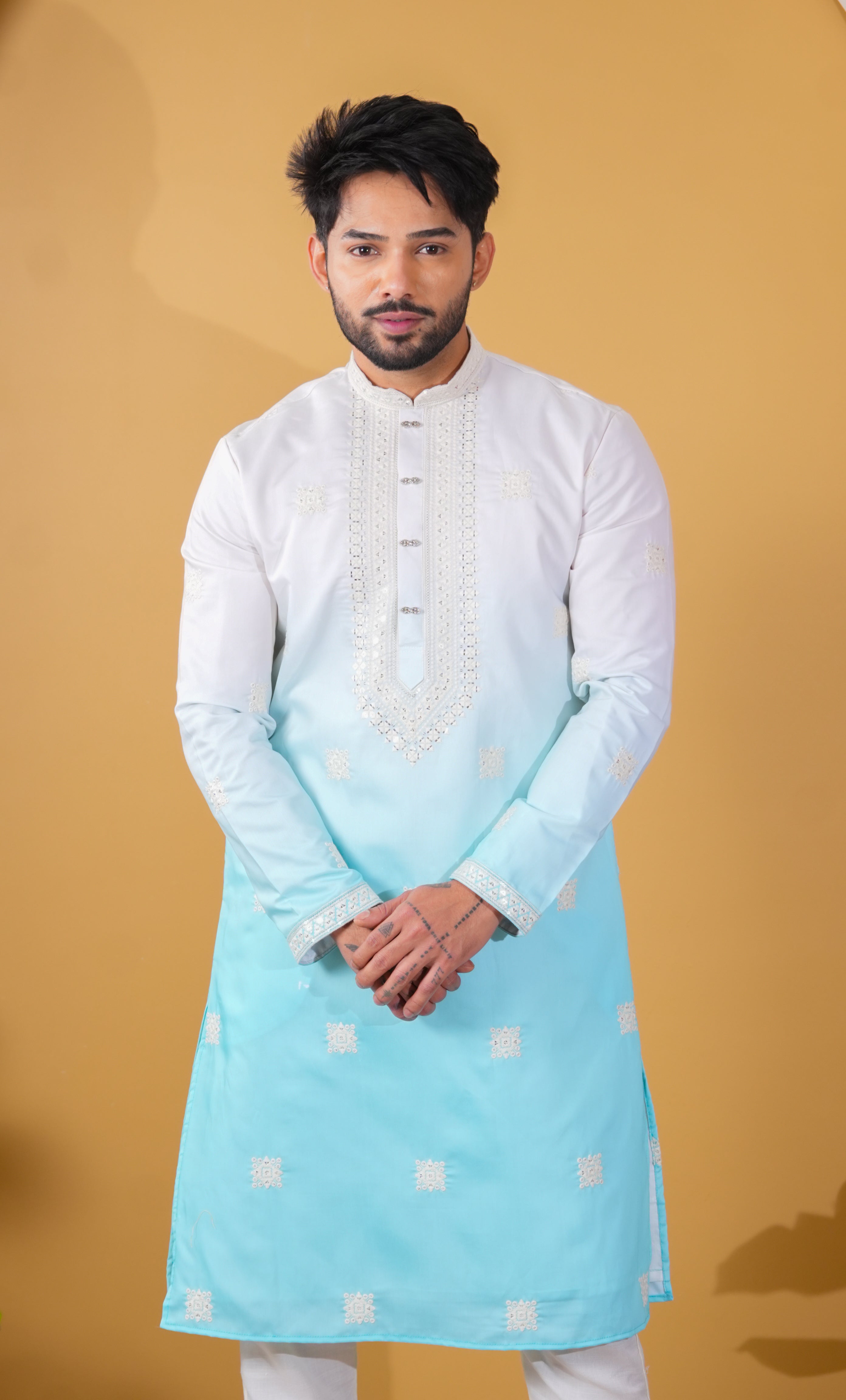 White & Aqua Ombre Kurta