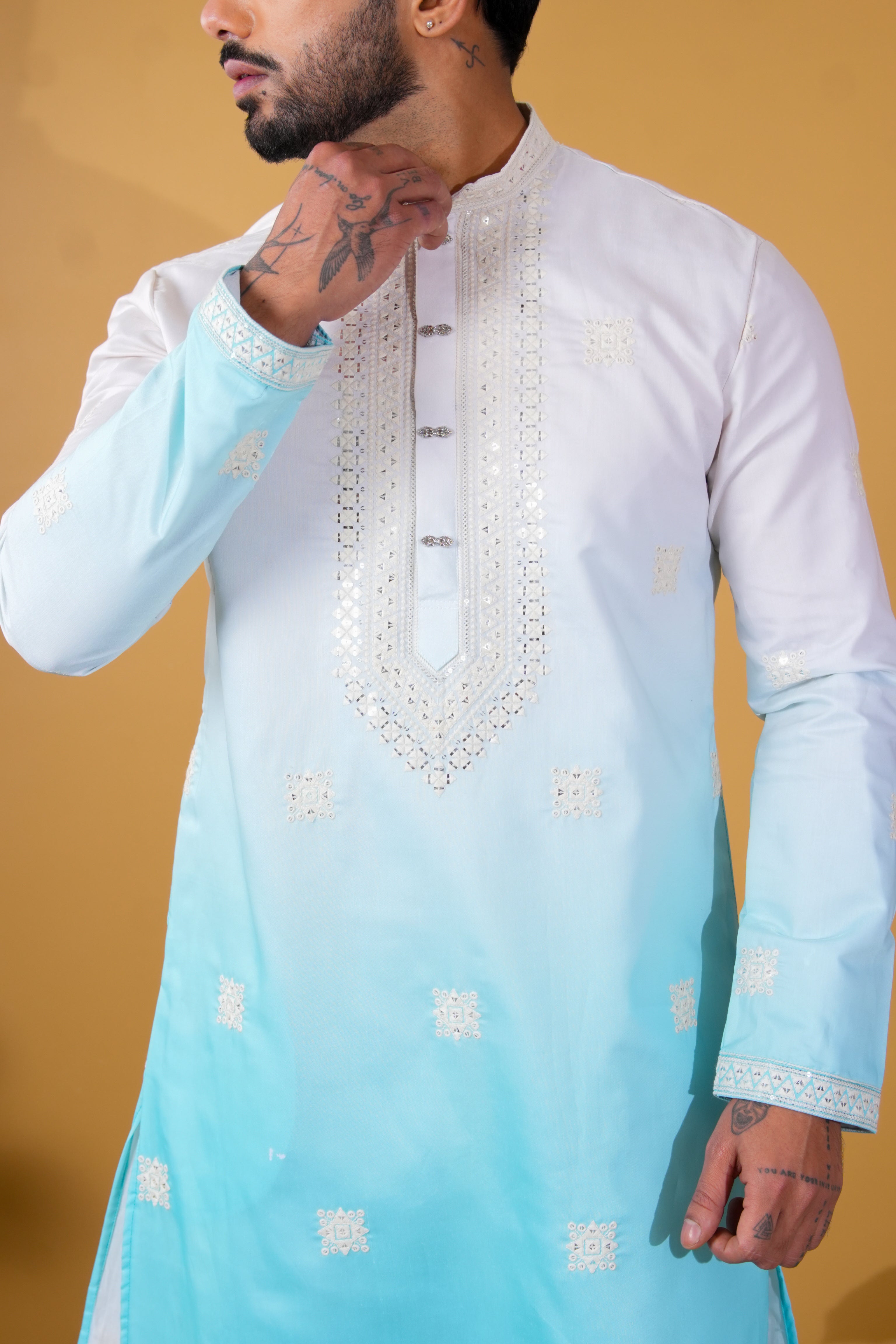 White & Aqua Ombre Kurta