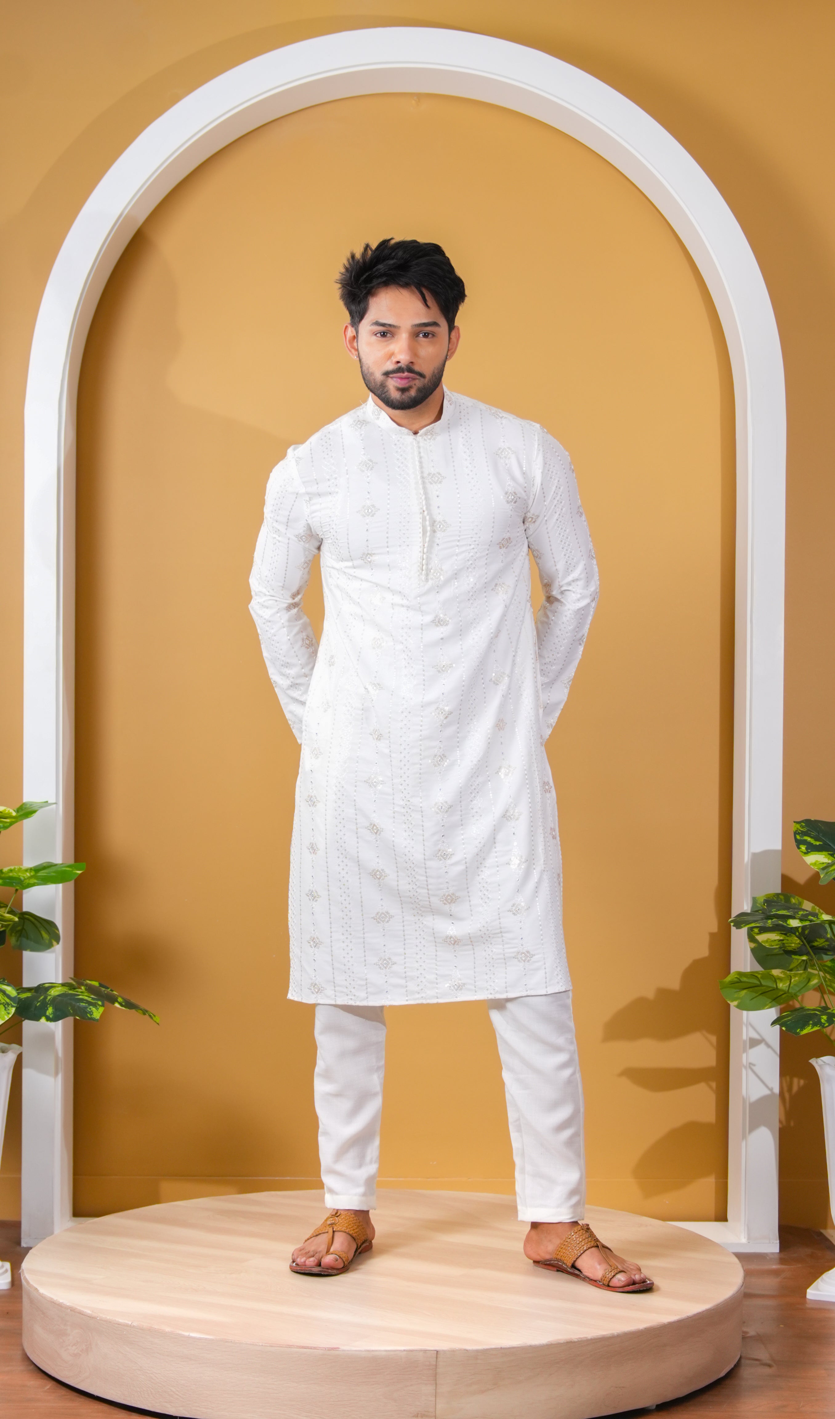 Off-White Textured Embellished Kurta