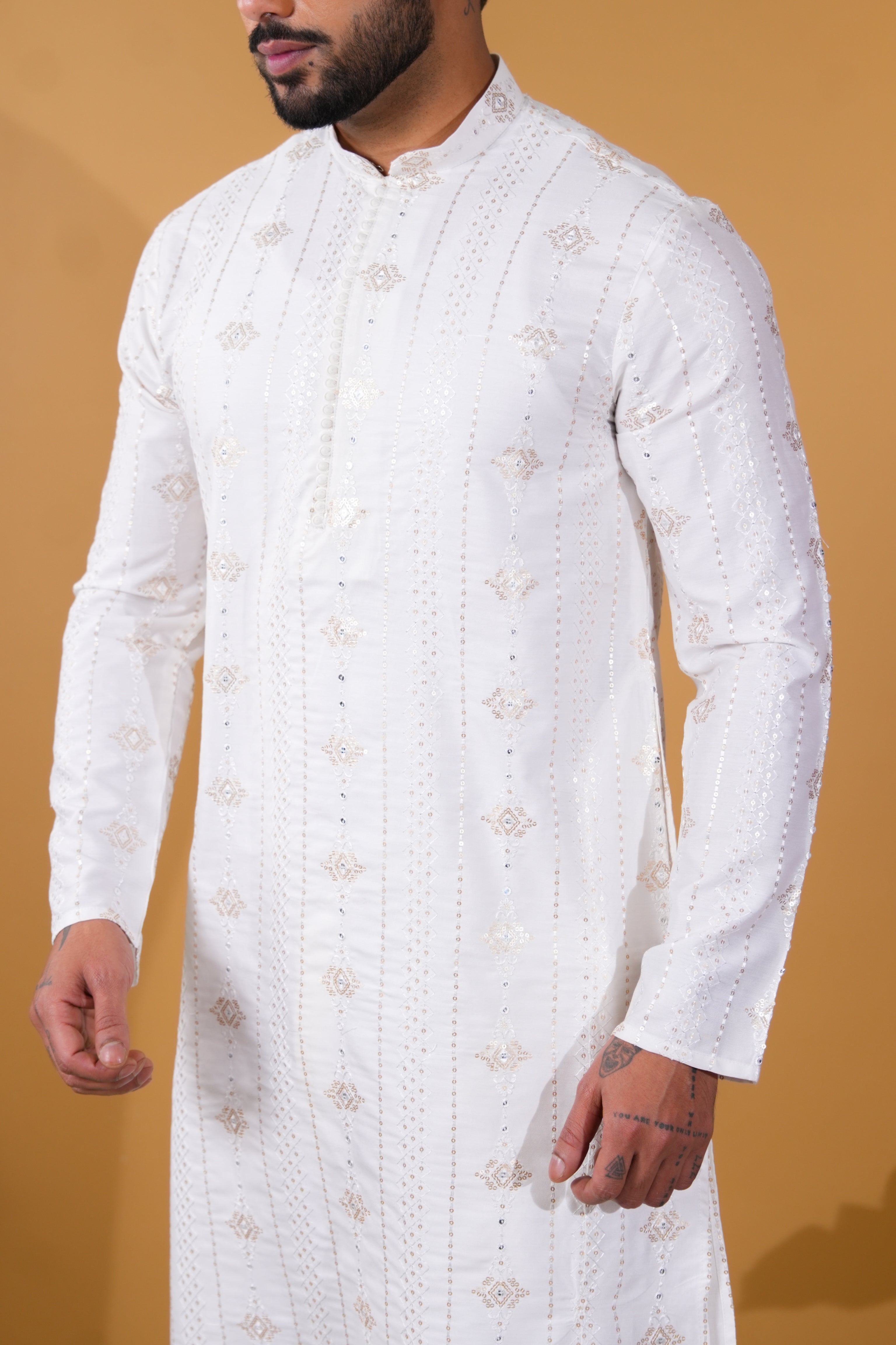 Off-White Textured Embellished Kurta
