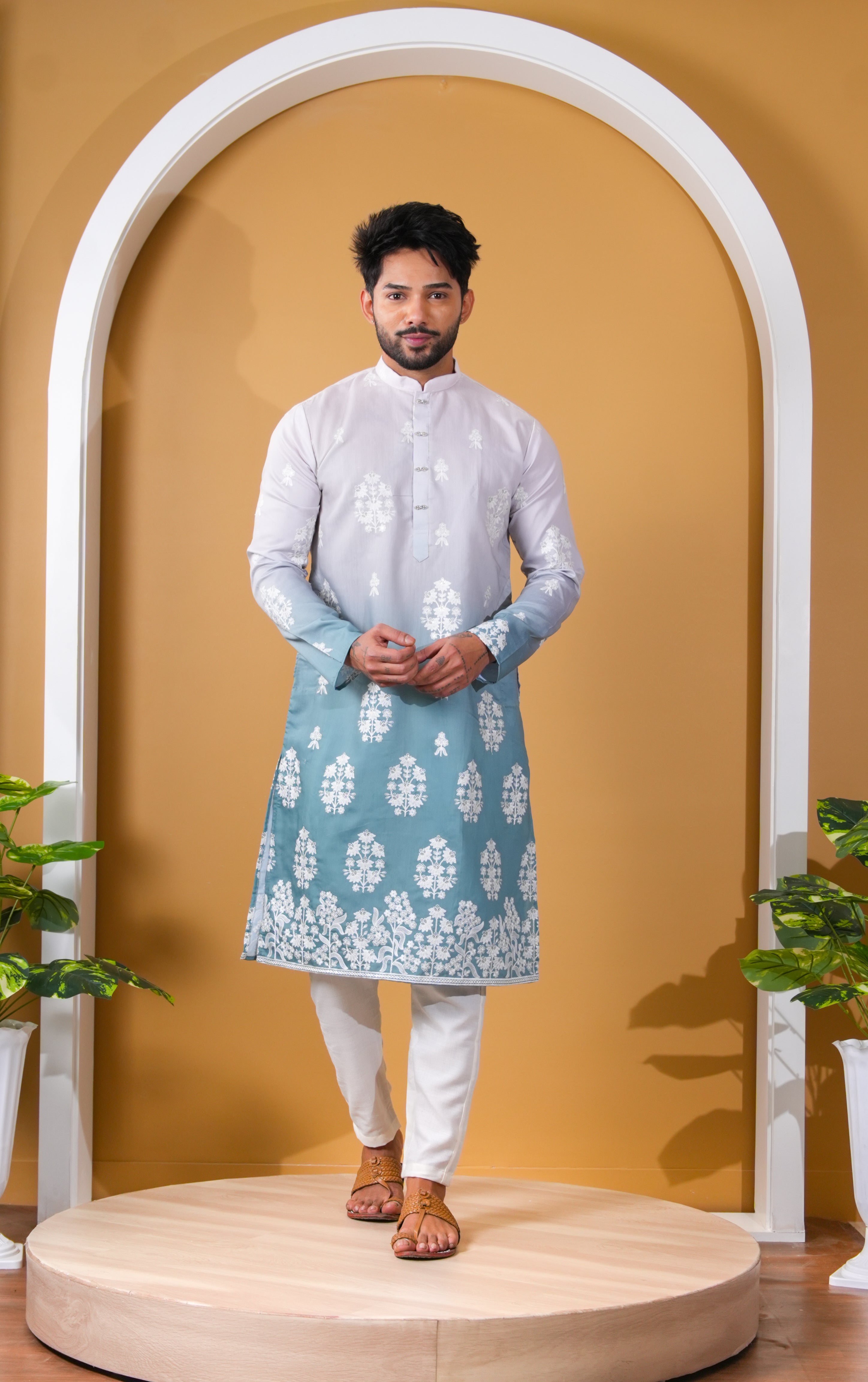Teal blue Floral Embroidered Kurta