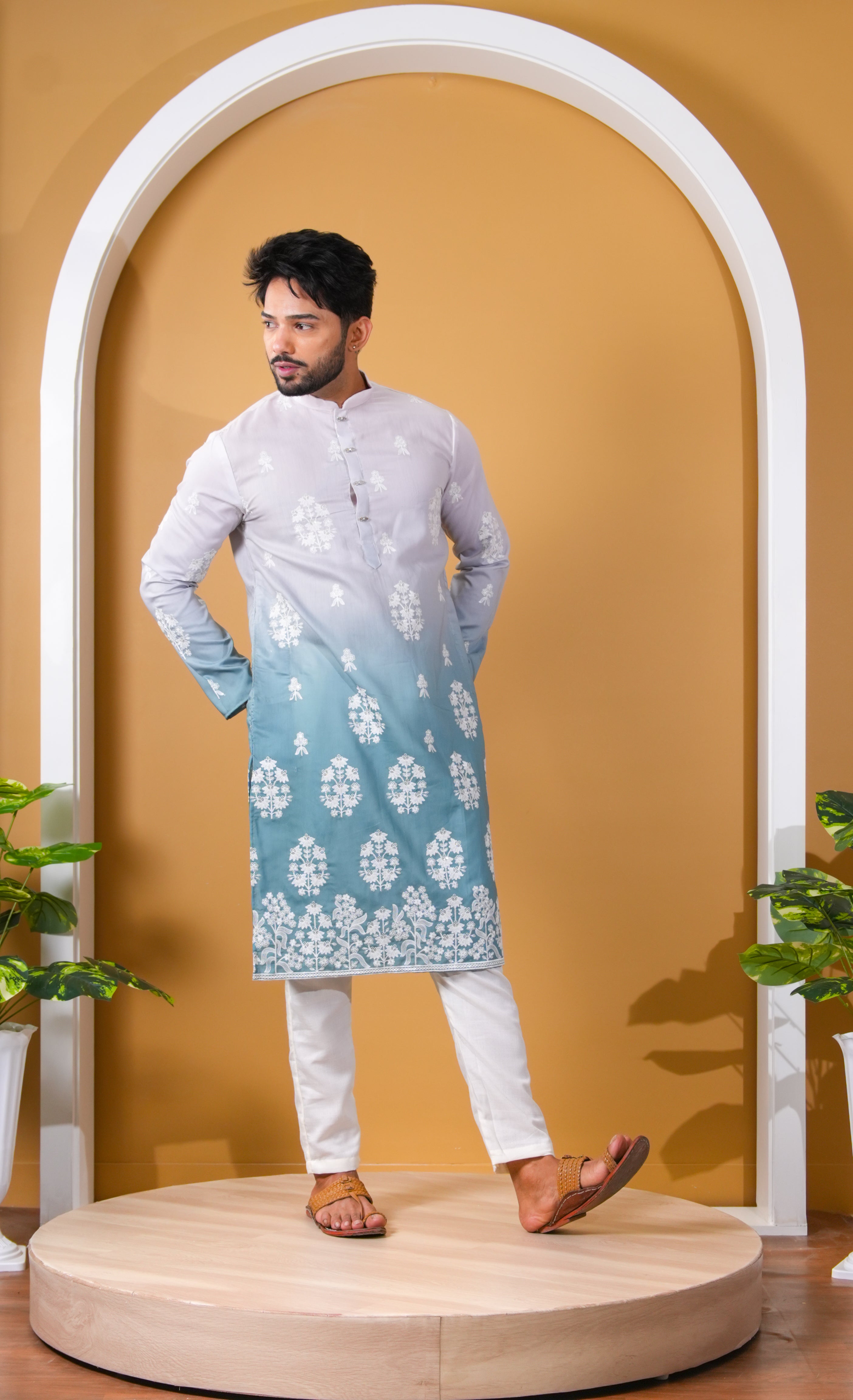 Teal blue Floral Embroidered Kurta