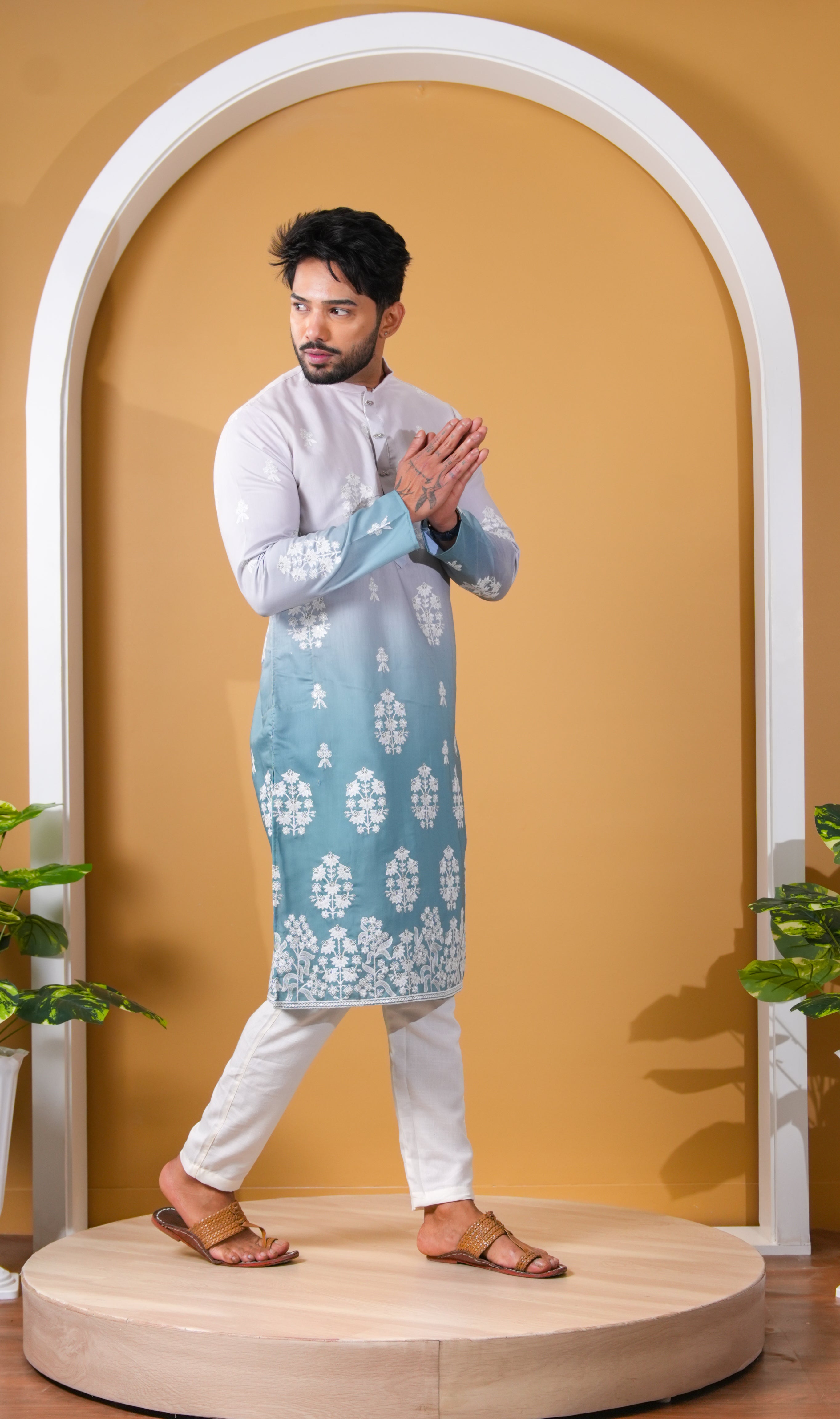 Teal blue Floral Embroidered Kurta