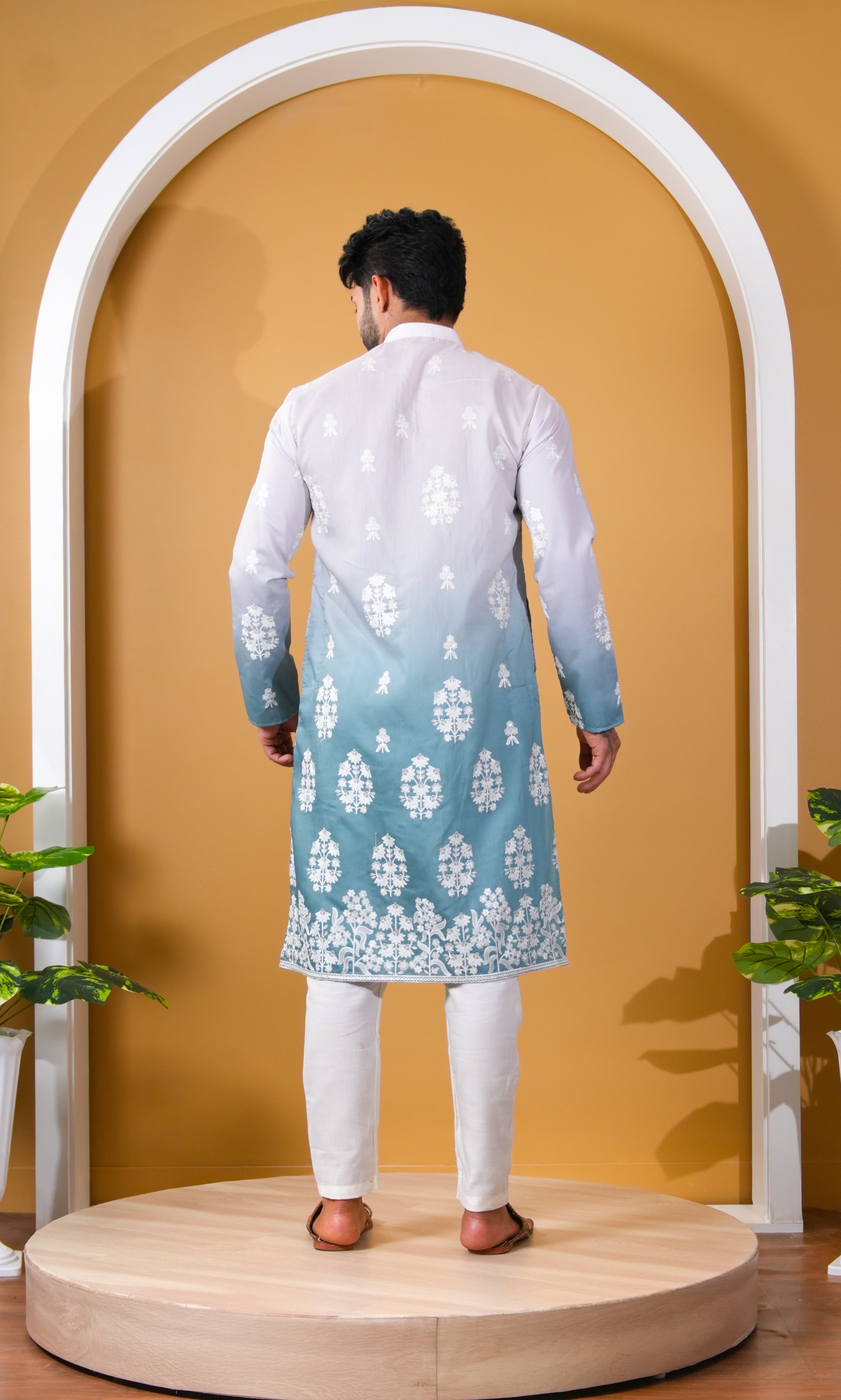 Teal blue Floral Embroidered Kurta