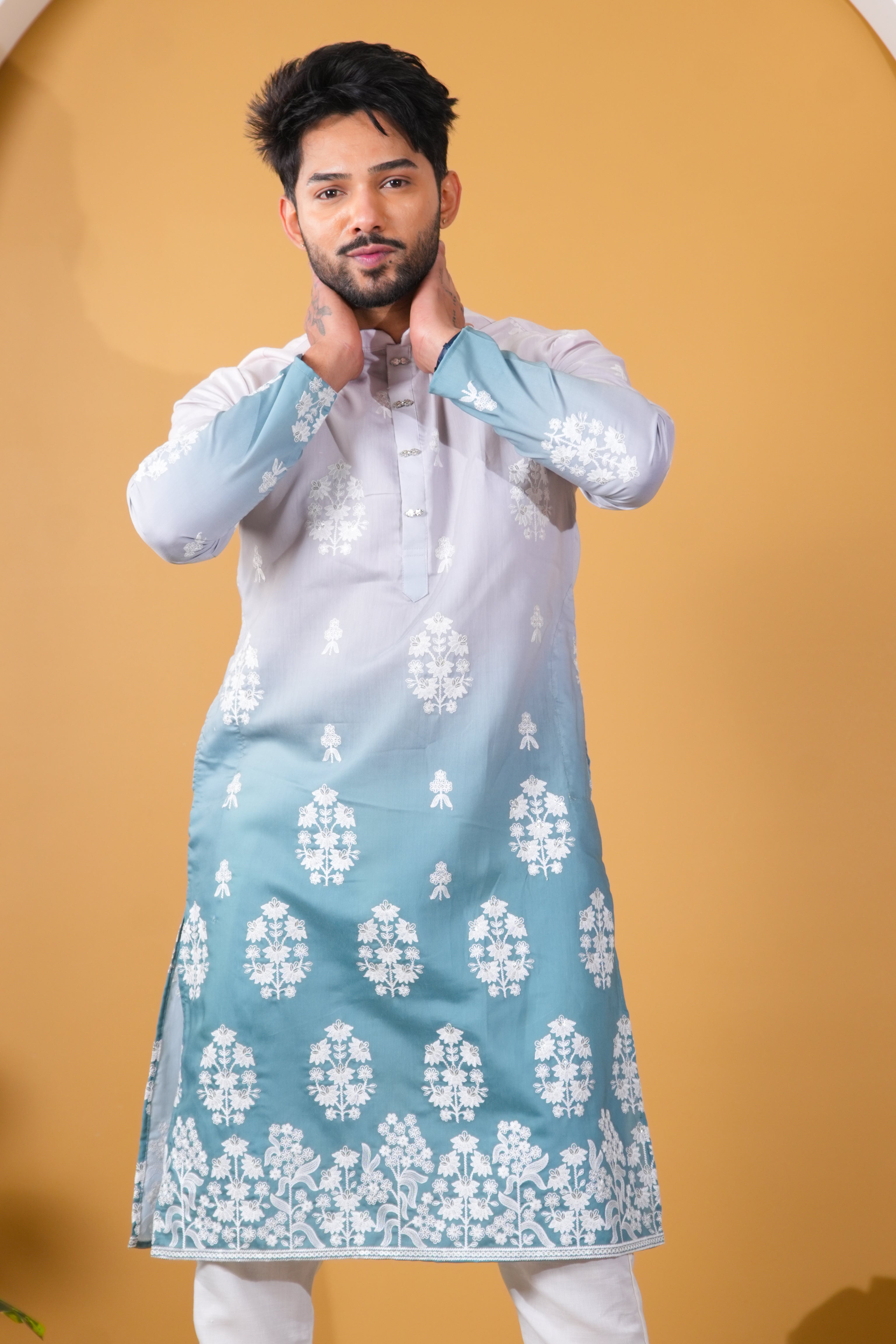 Teal blue Floral Embroidered Kurta