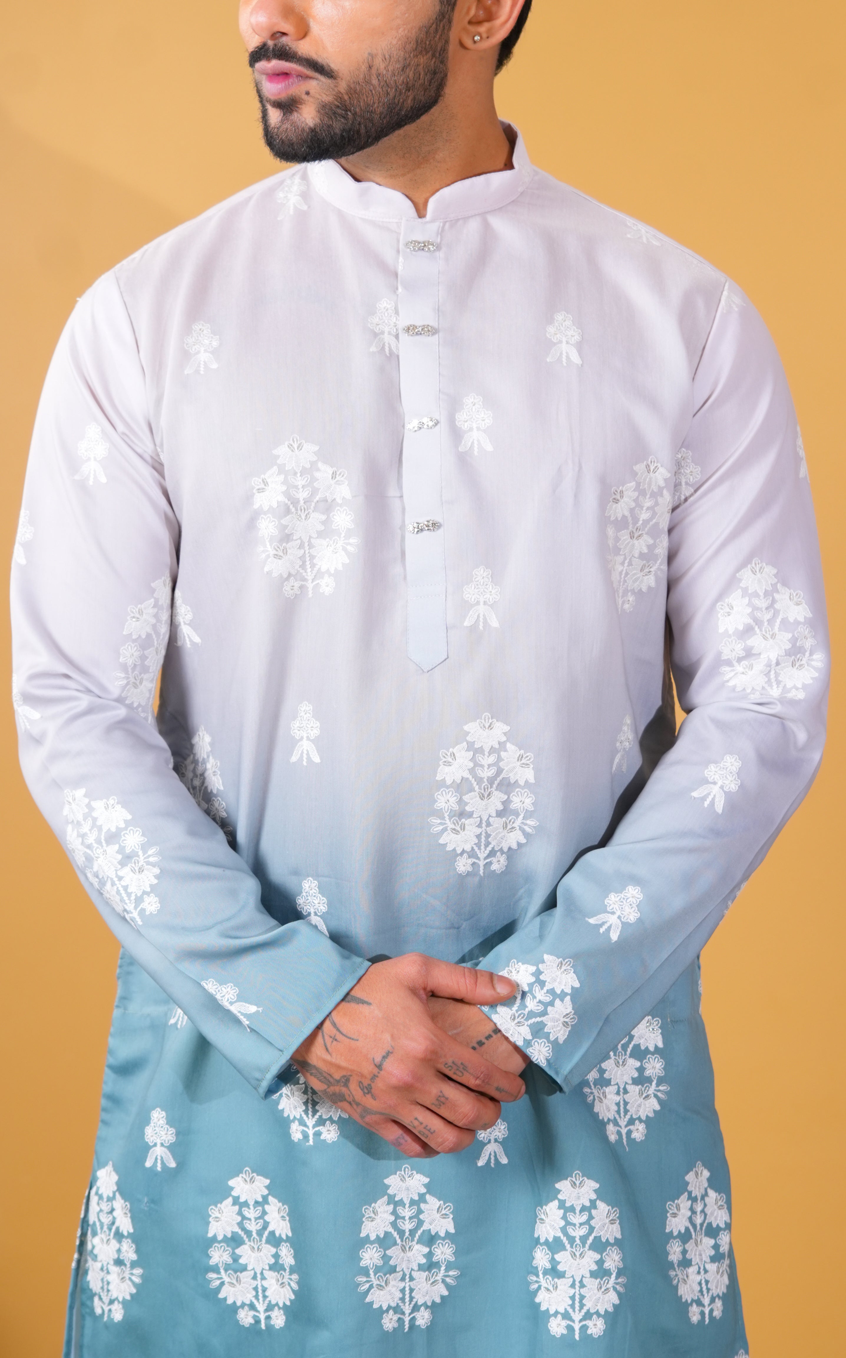 Teal blue Floral Embroidered Kurta