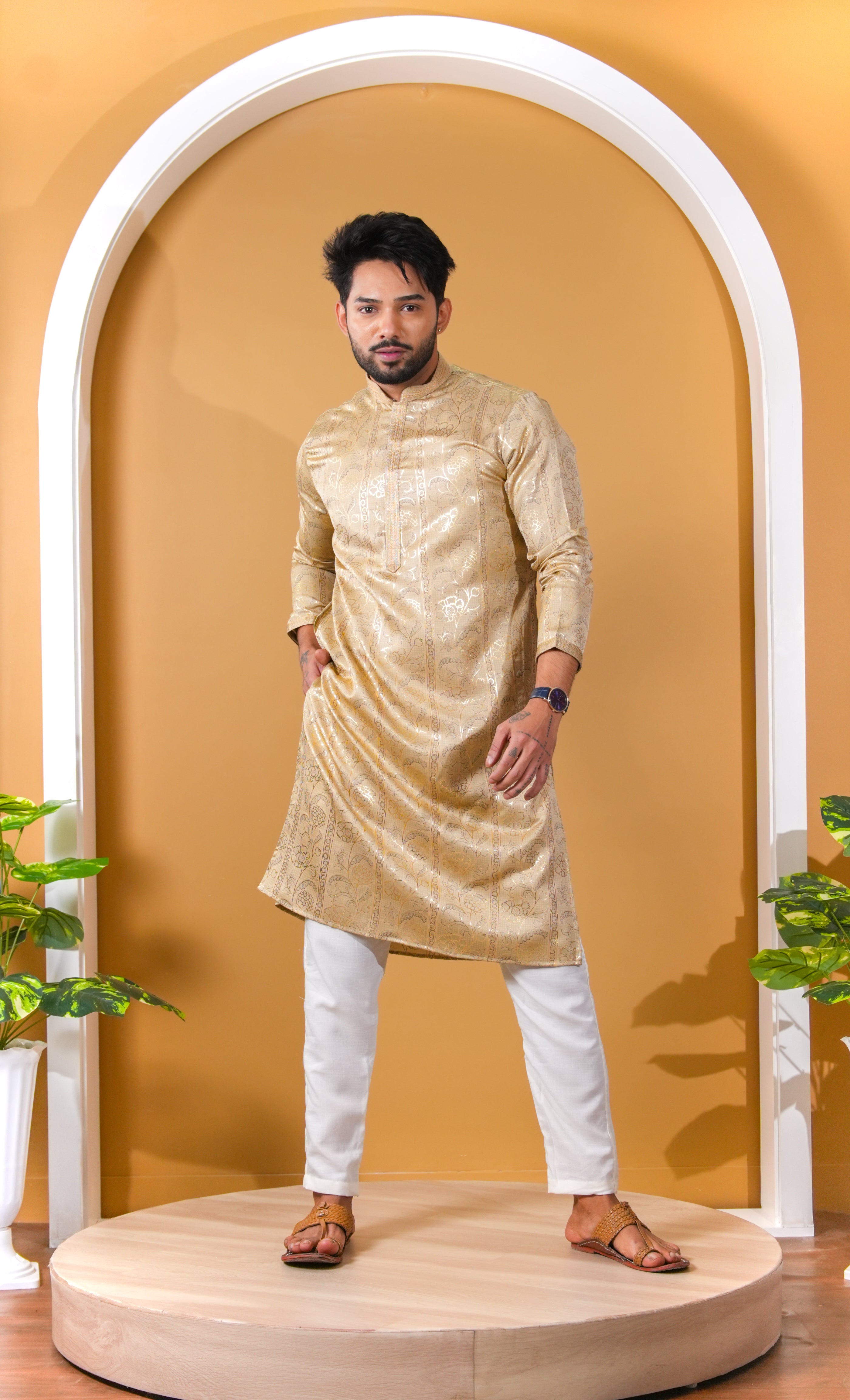 Champagne Gold Floral Silk Kurta
