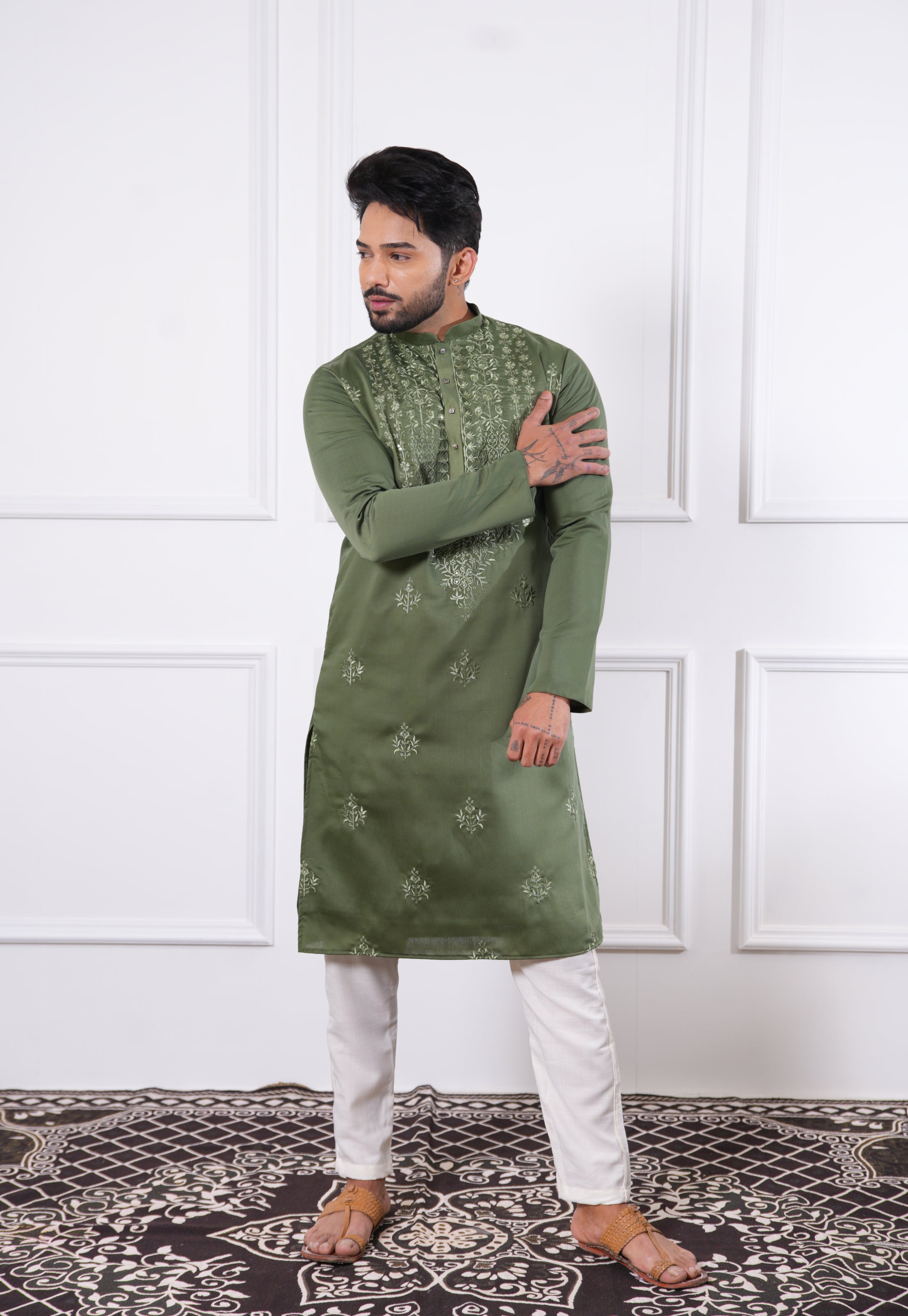 Olive Green Heavy Embroidered Kurta