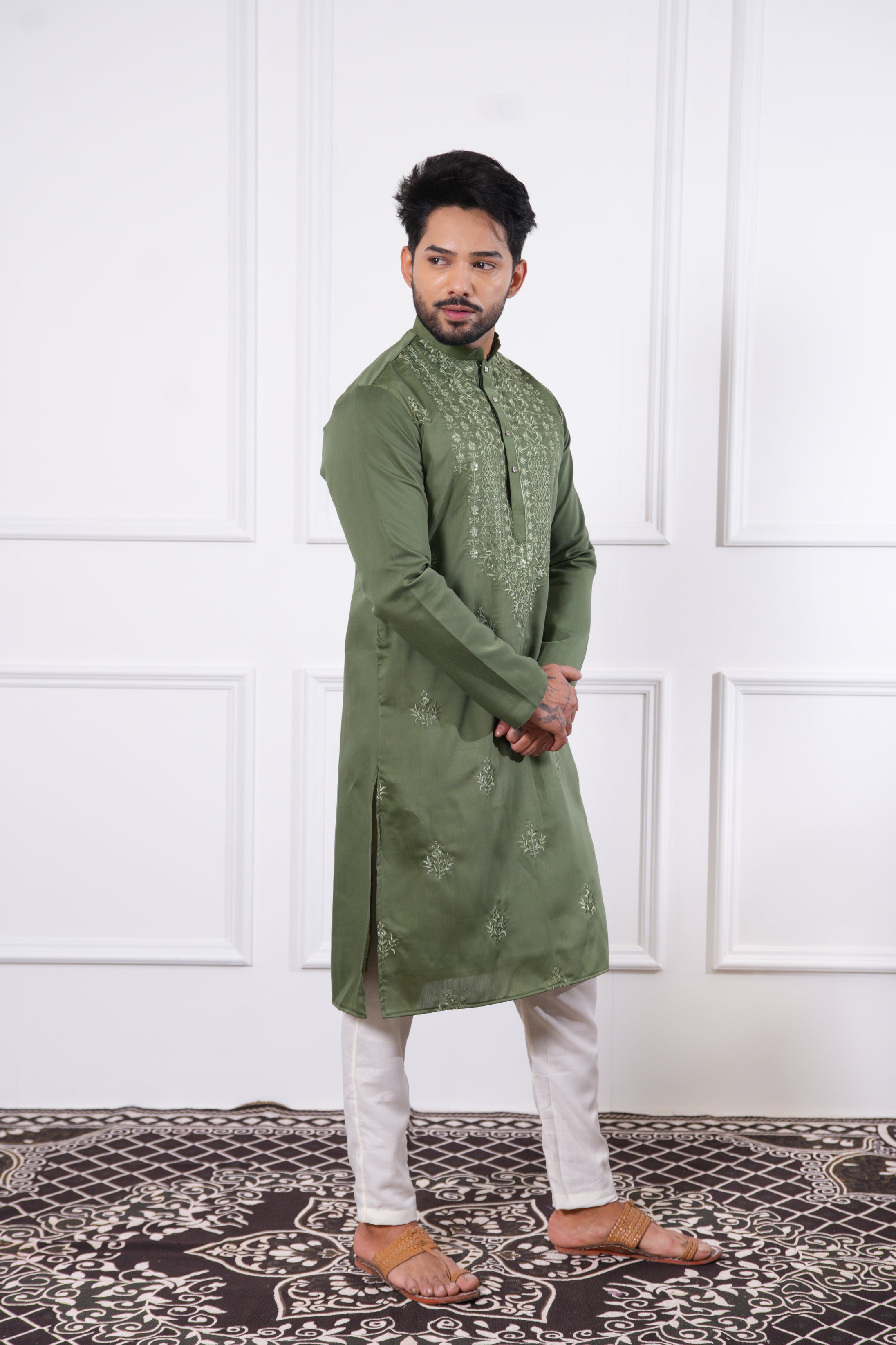 Olive Green Heavy Embroidered Kurta