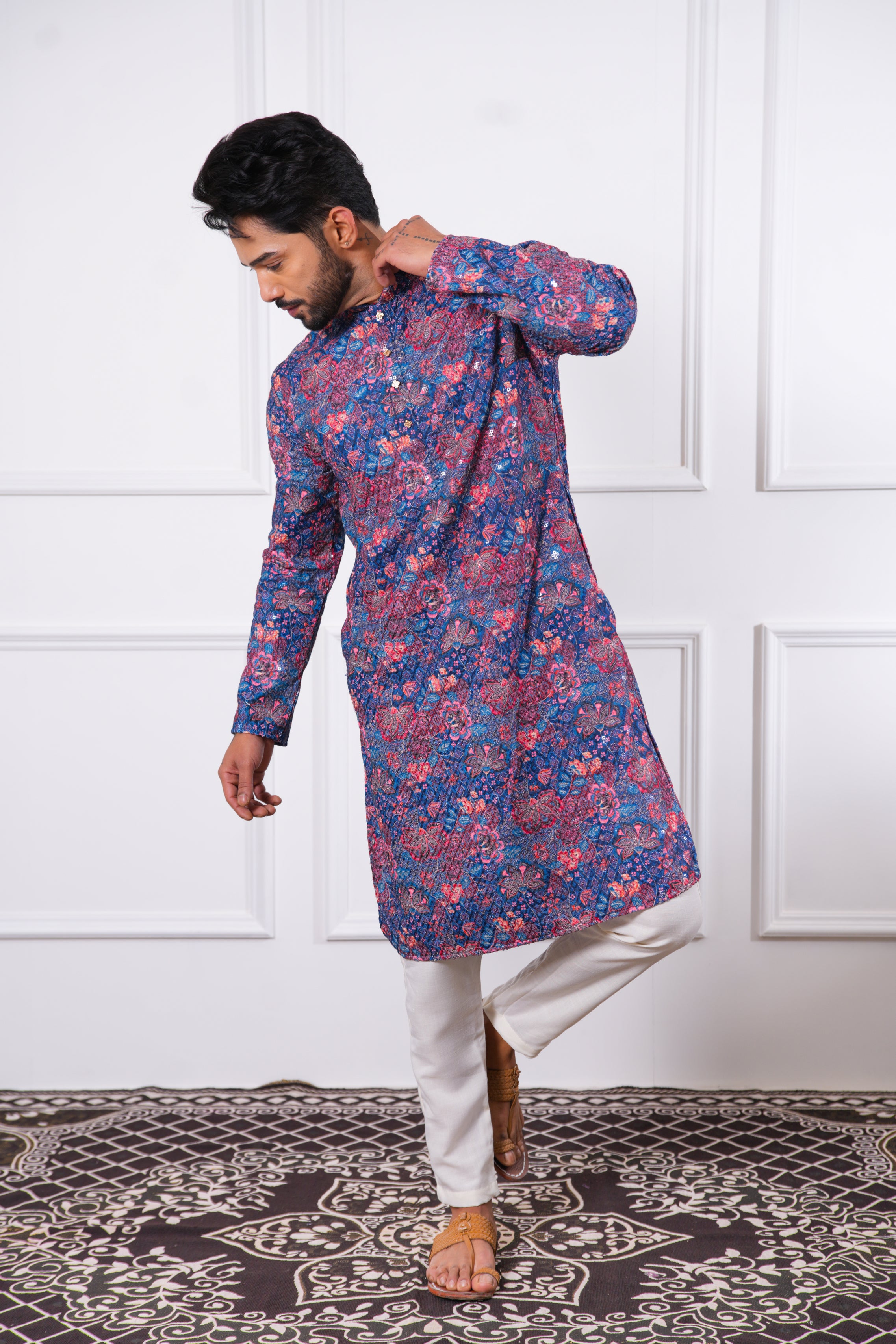Navy Multi-Colour Floral Embroidered Kurta