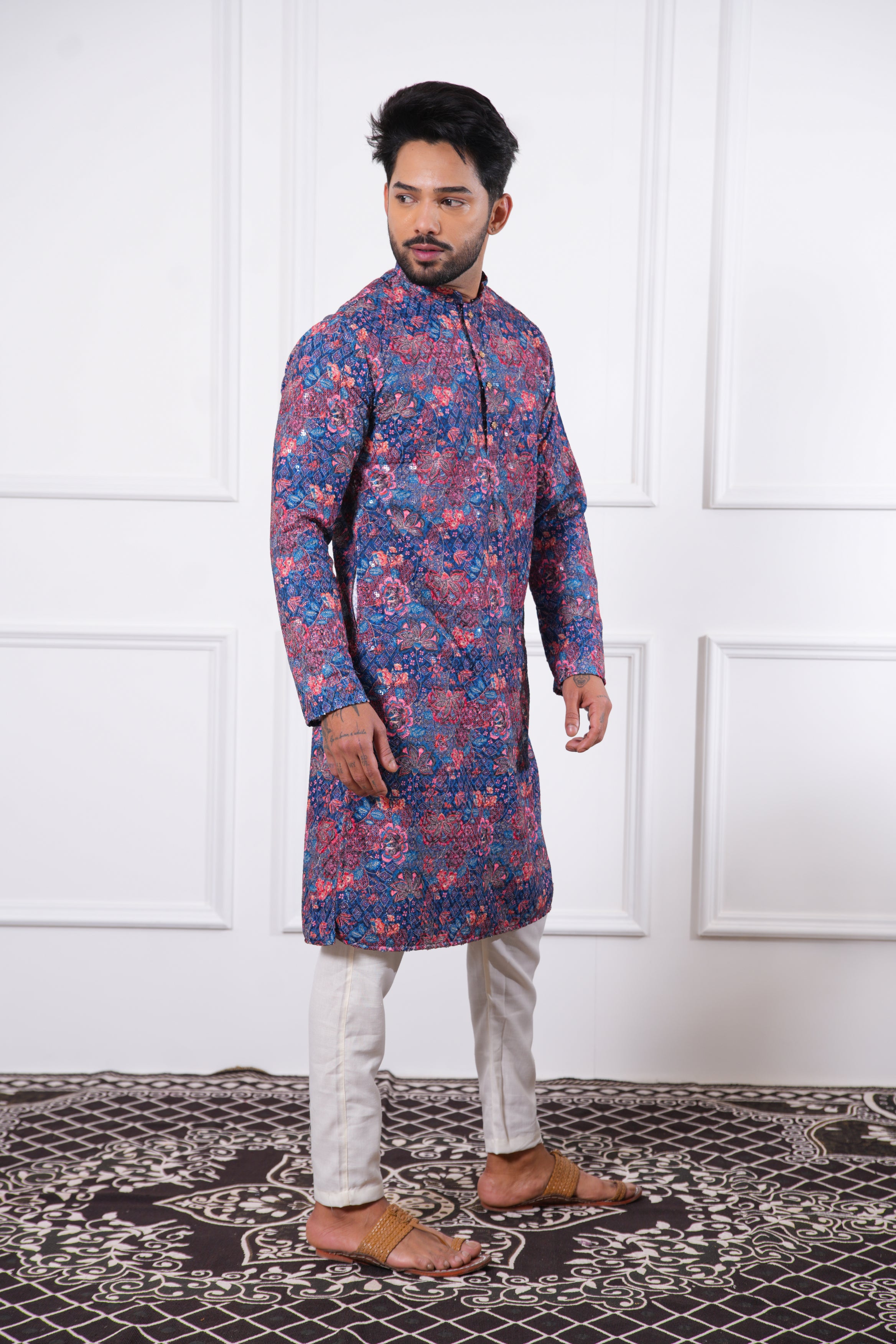 Navy Multi-Colour Floral Embroidered Kurta
