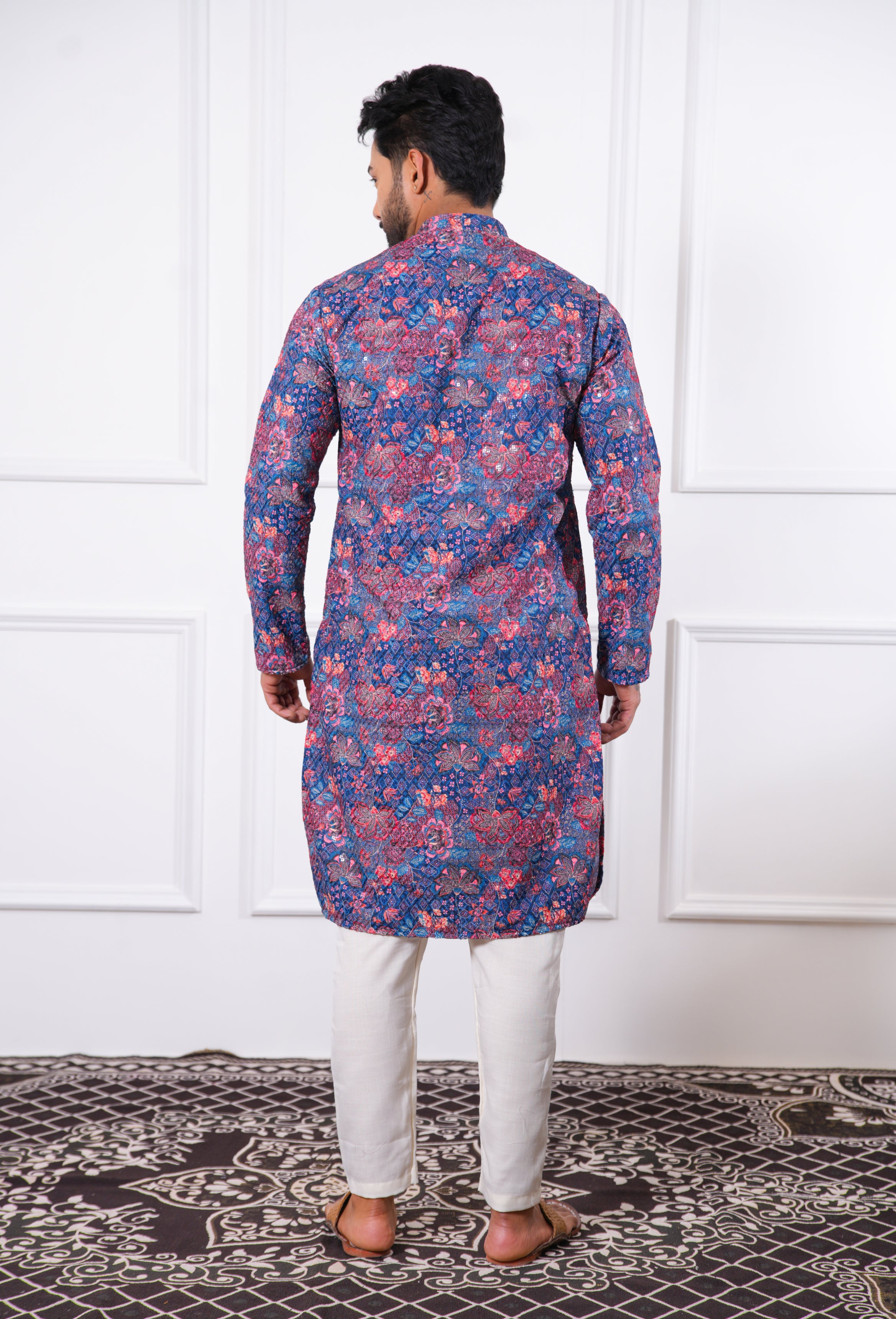 Navy Multi-Colour Floral Embroidered Kurta