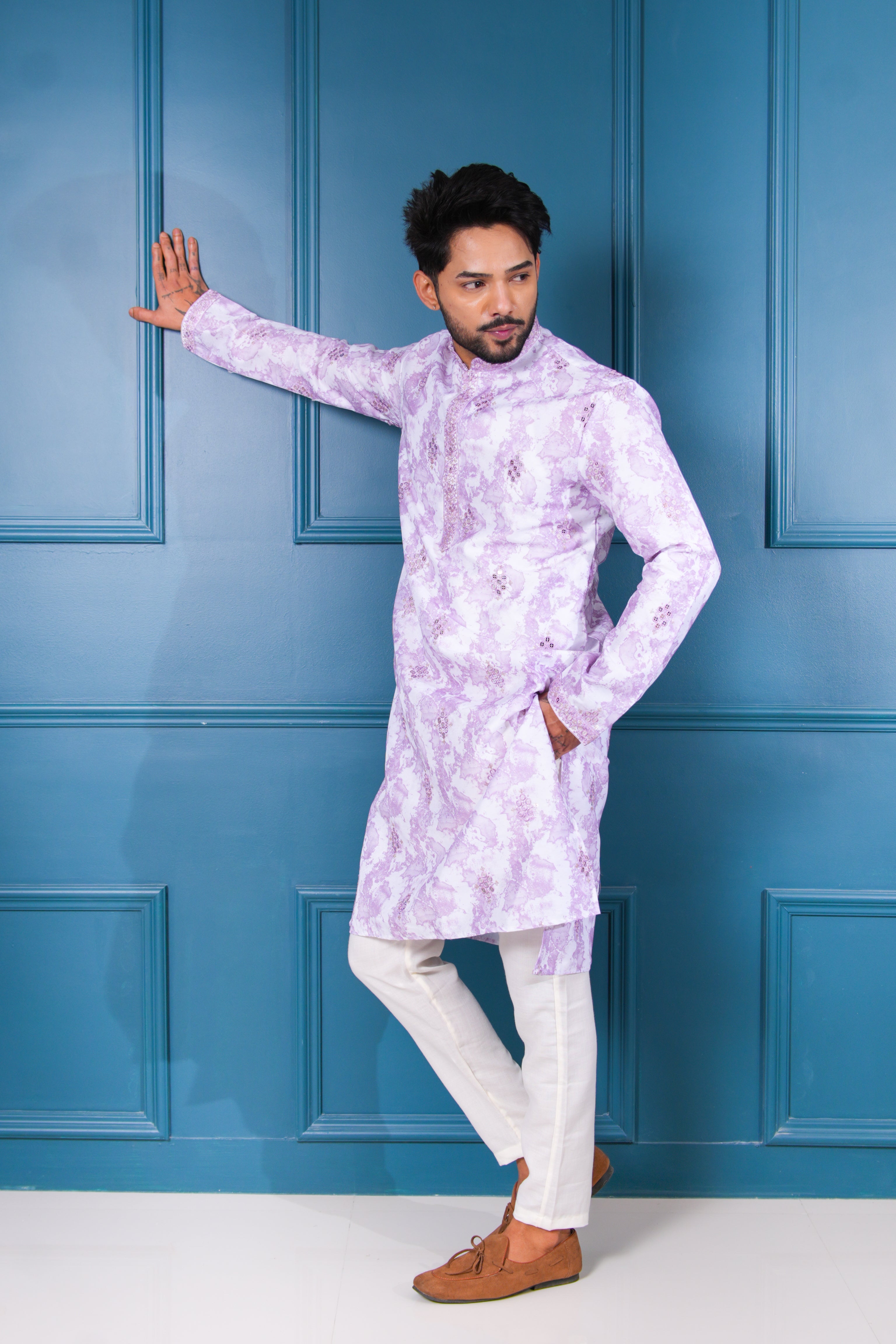 White & Lavender Watercolour Kurta