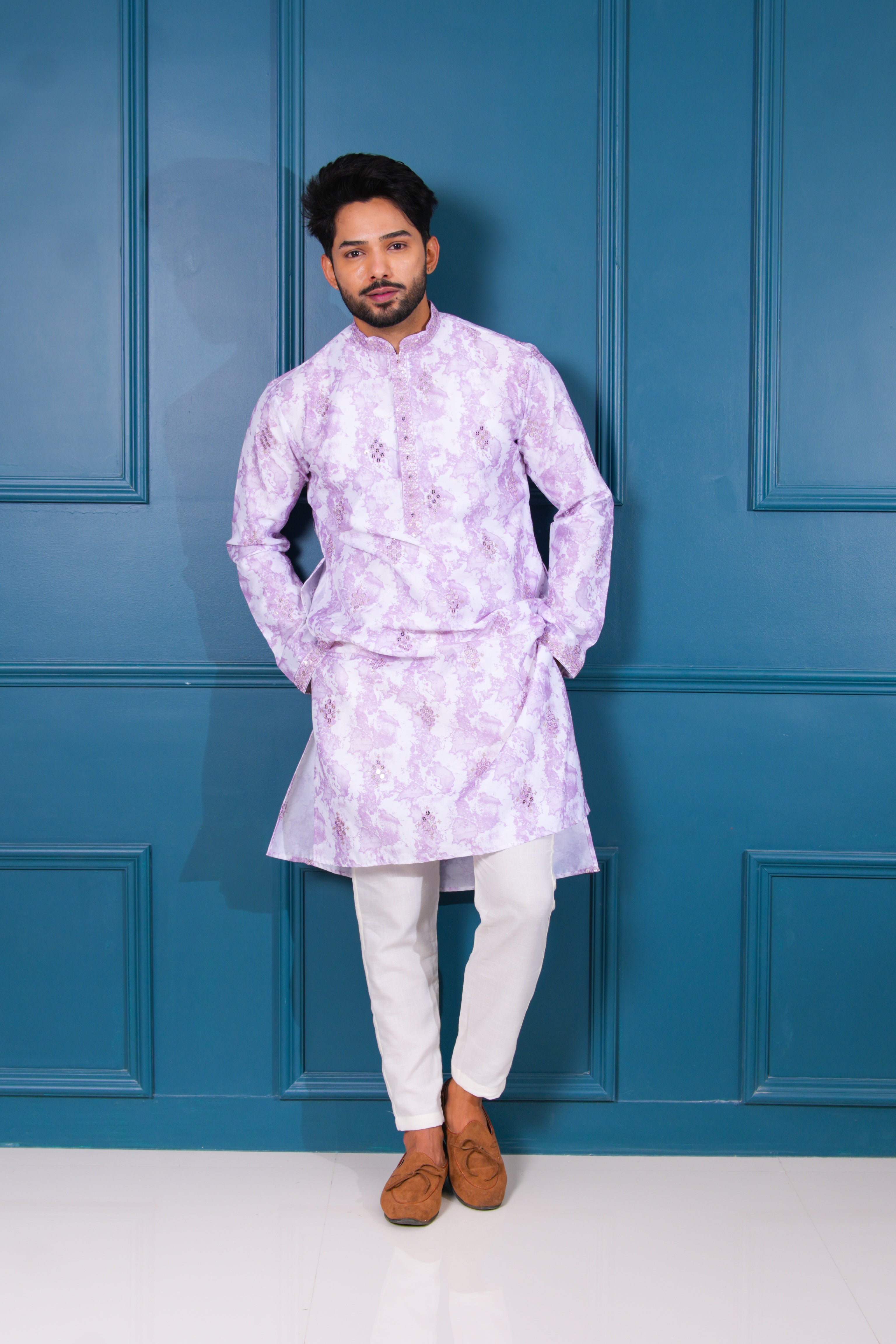White & Lavender Watercolour Kurta