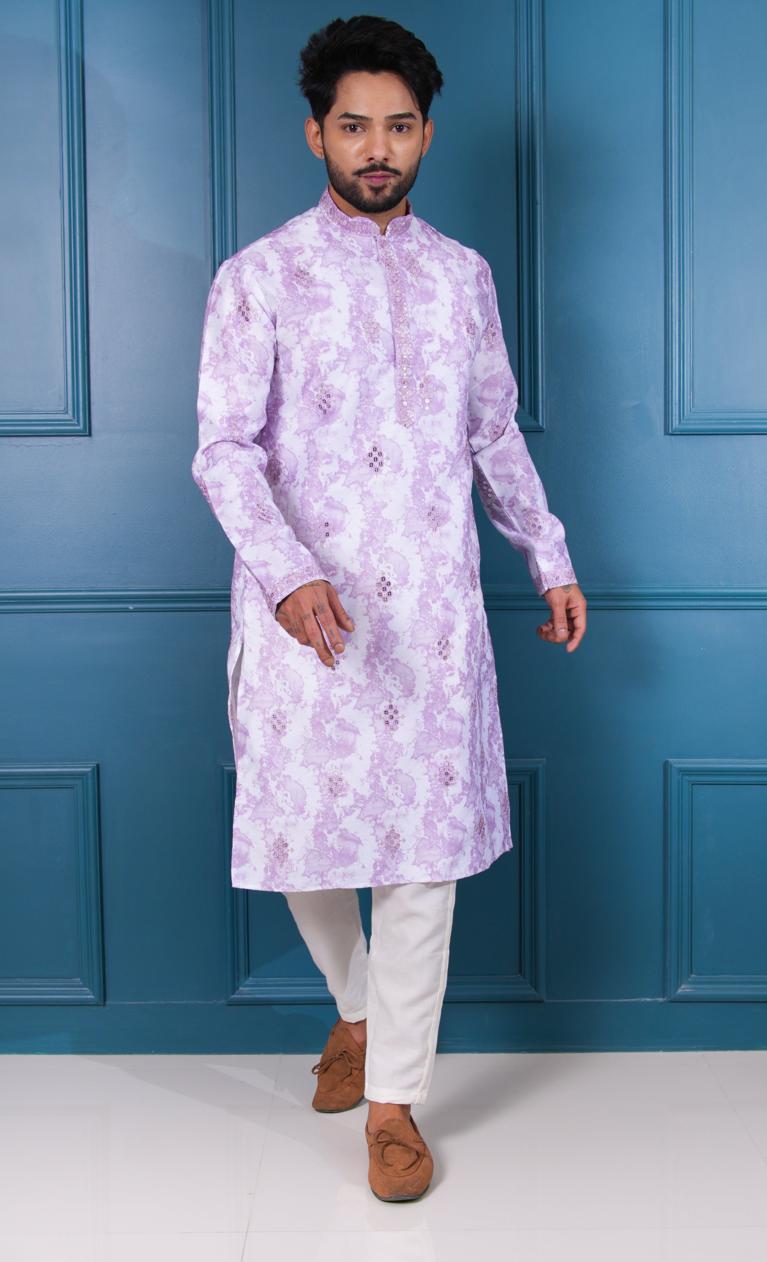 White & Lavender Watercolour Kurta