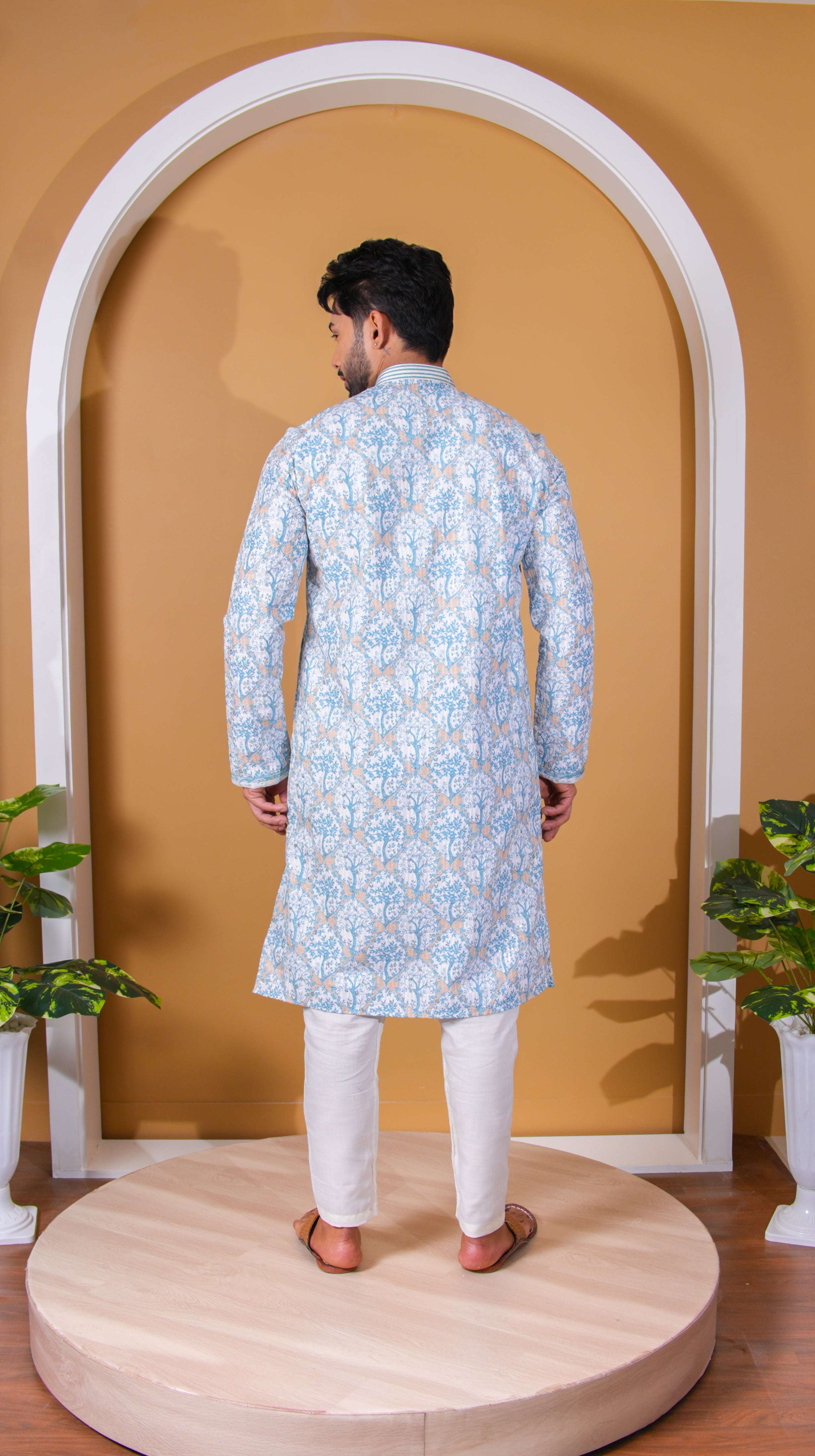 White and Blue Tree Print Kurta