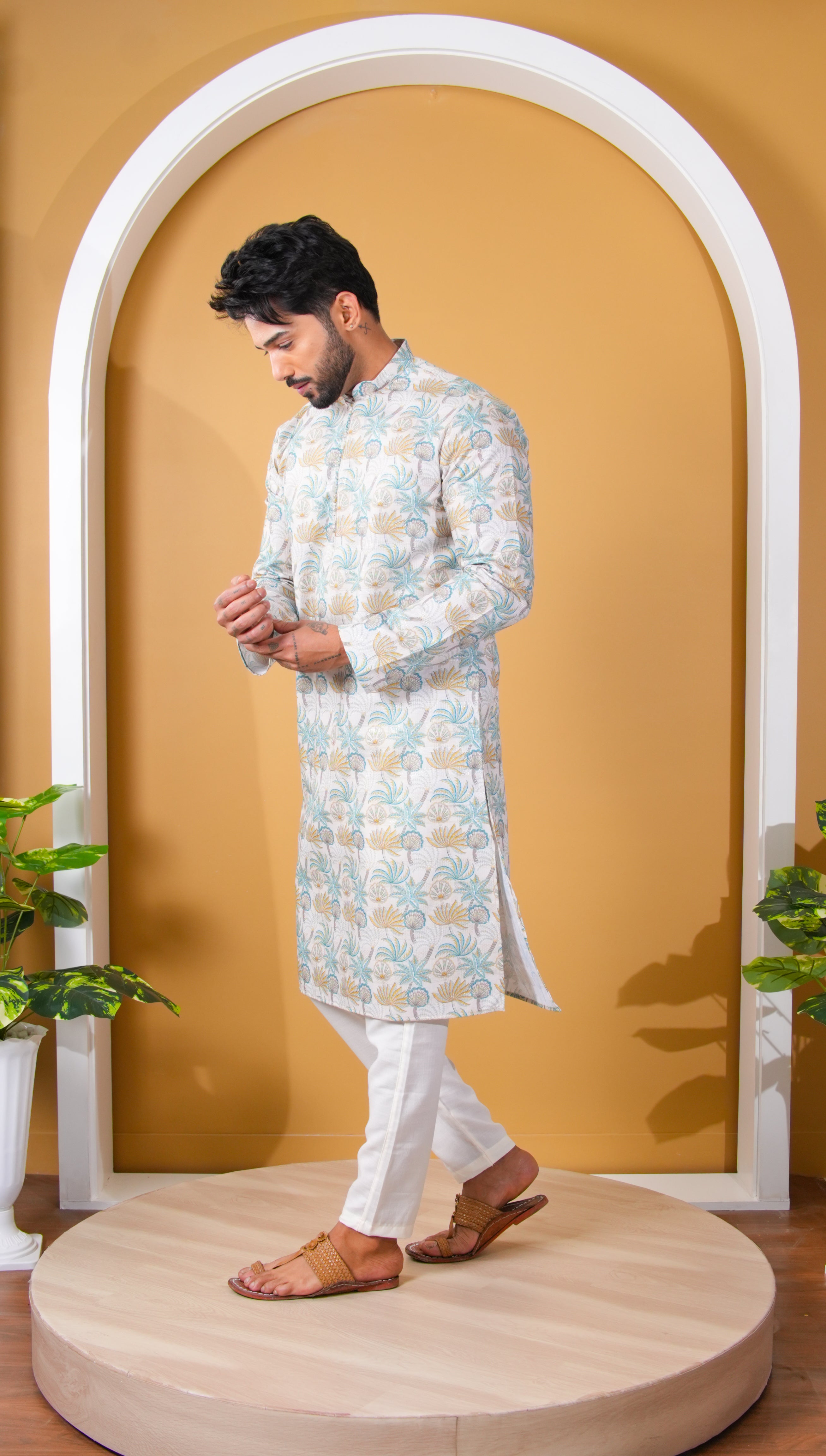 Ivory Tropical Palm Print Kurta