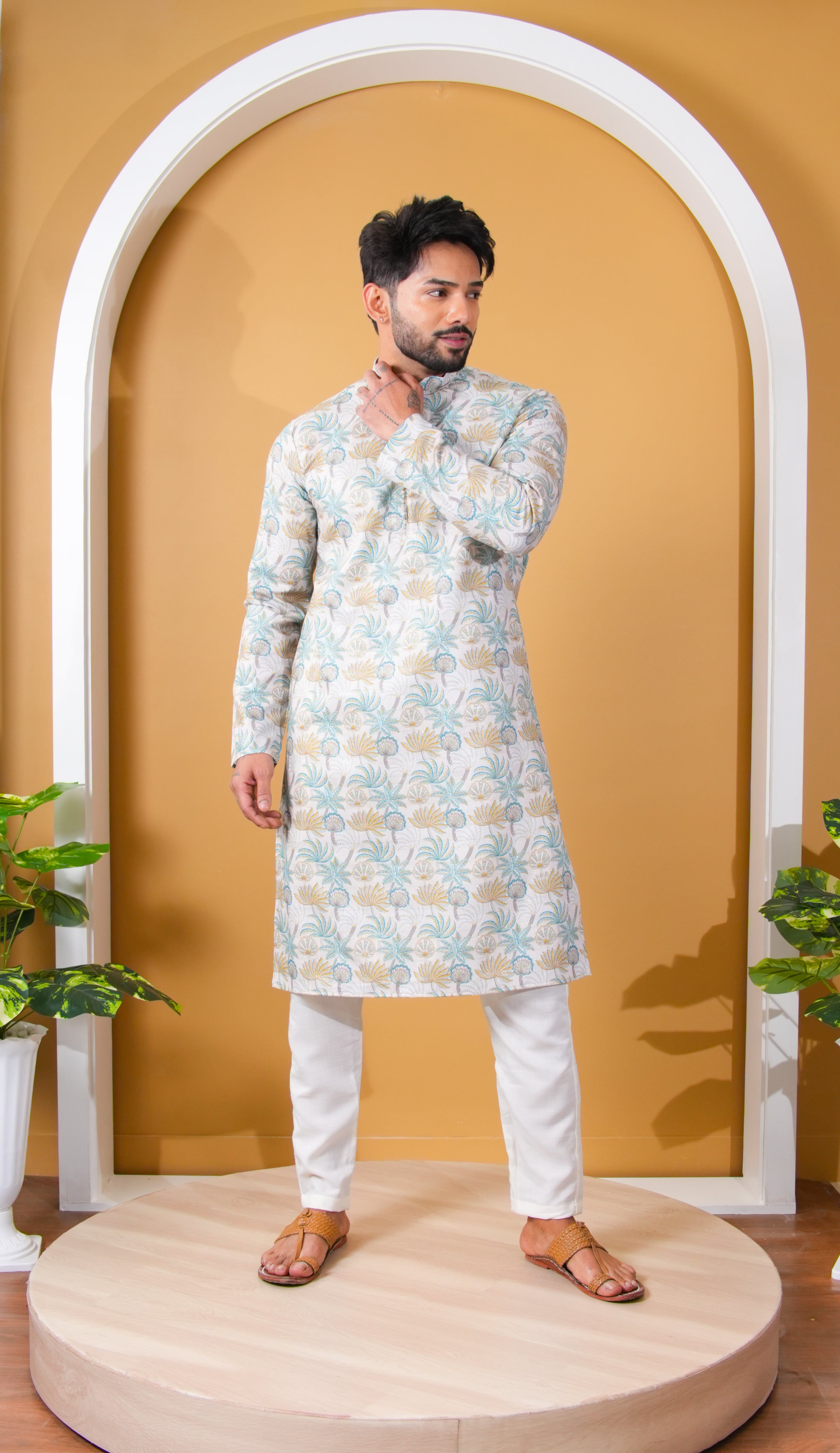 Ivory Tropical Palm Print Kurta