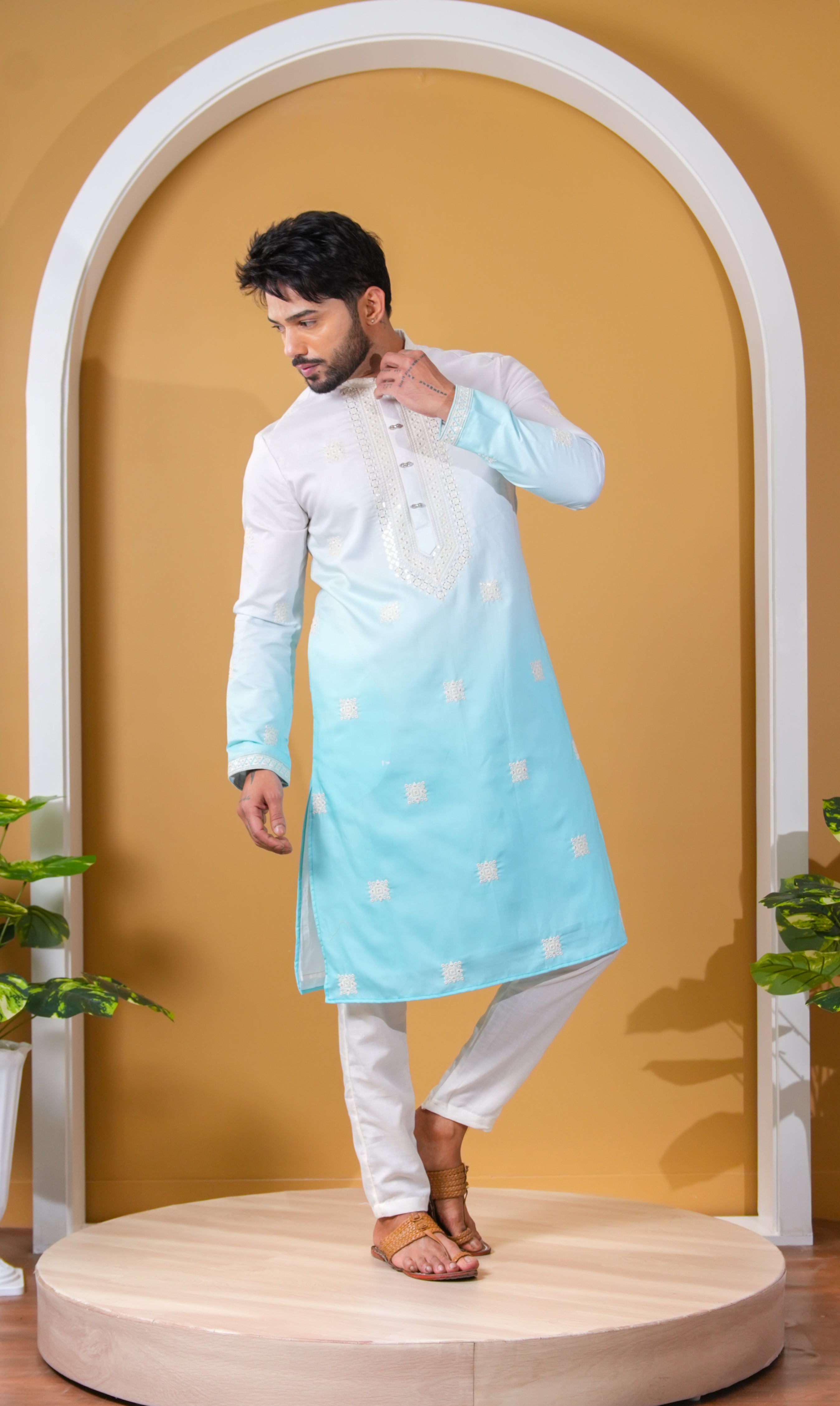 White & Aqua Ombre Kurta