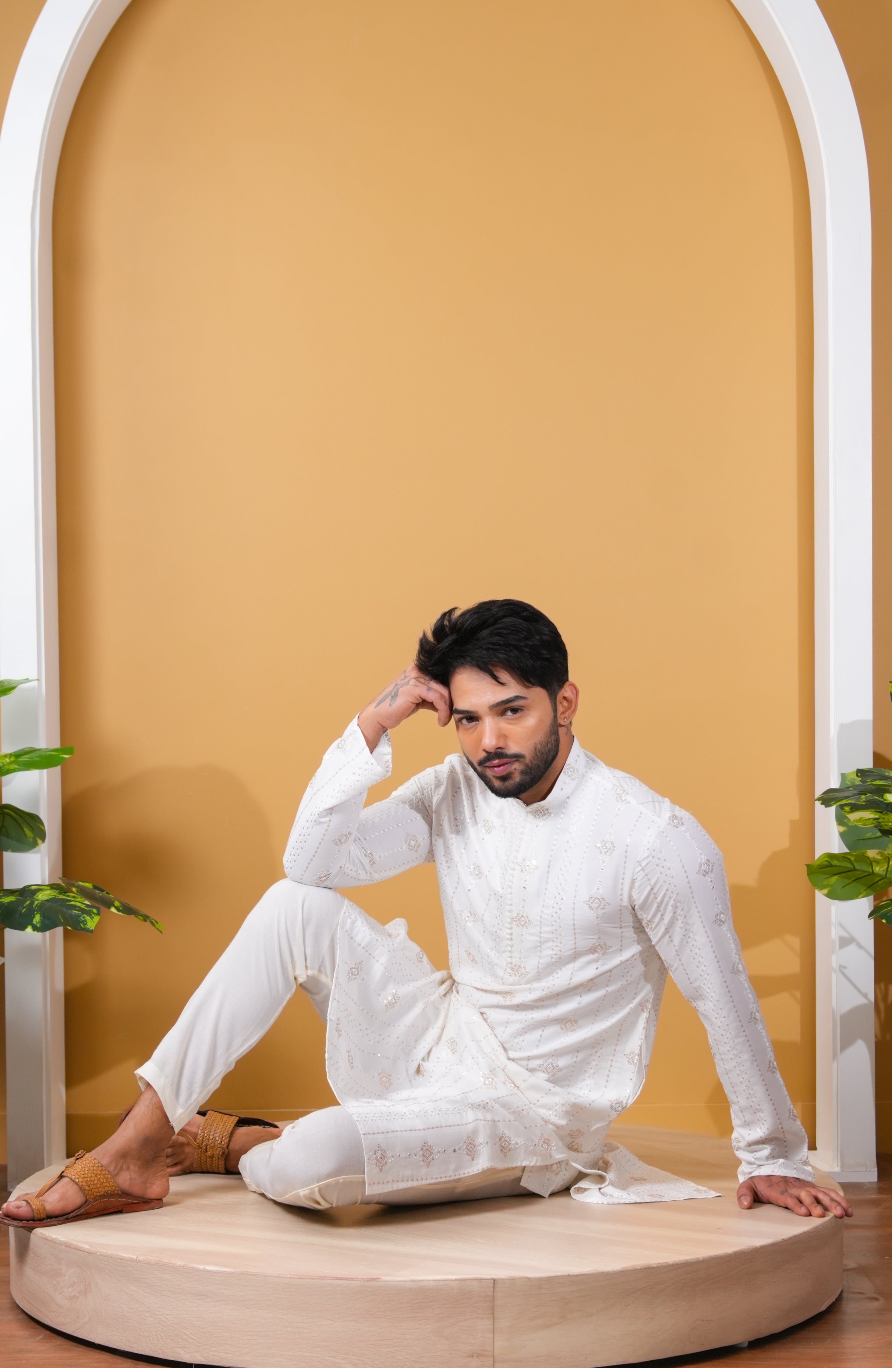 Off-White Textured Embellished Kurta