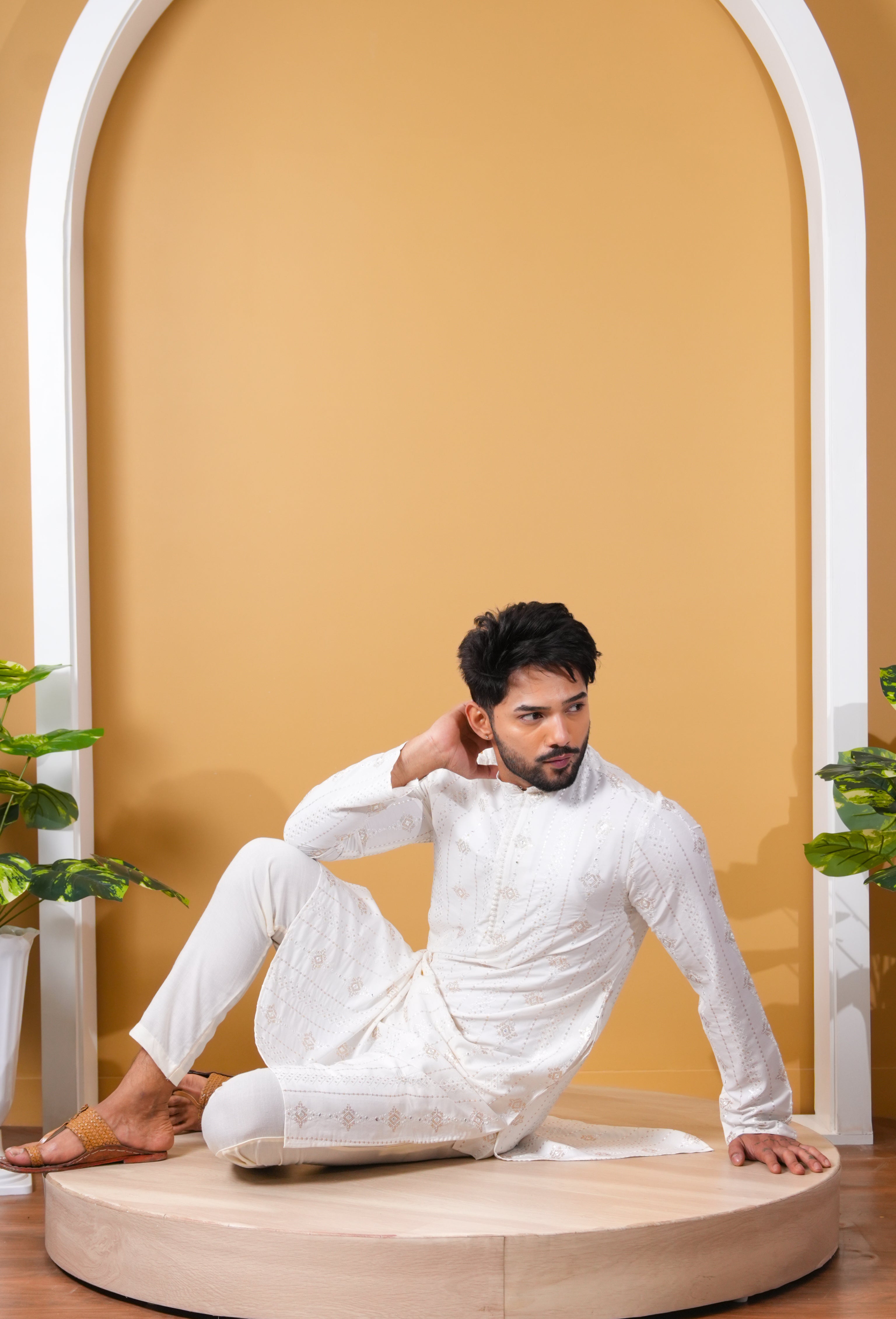 Off-White Textured Embellished Kurta