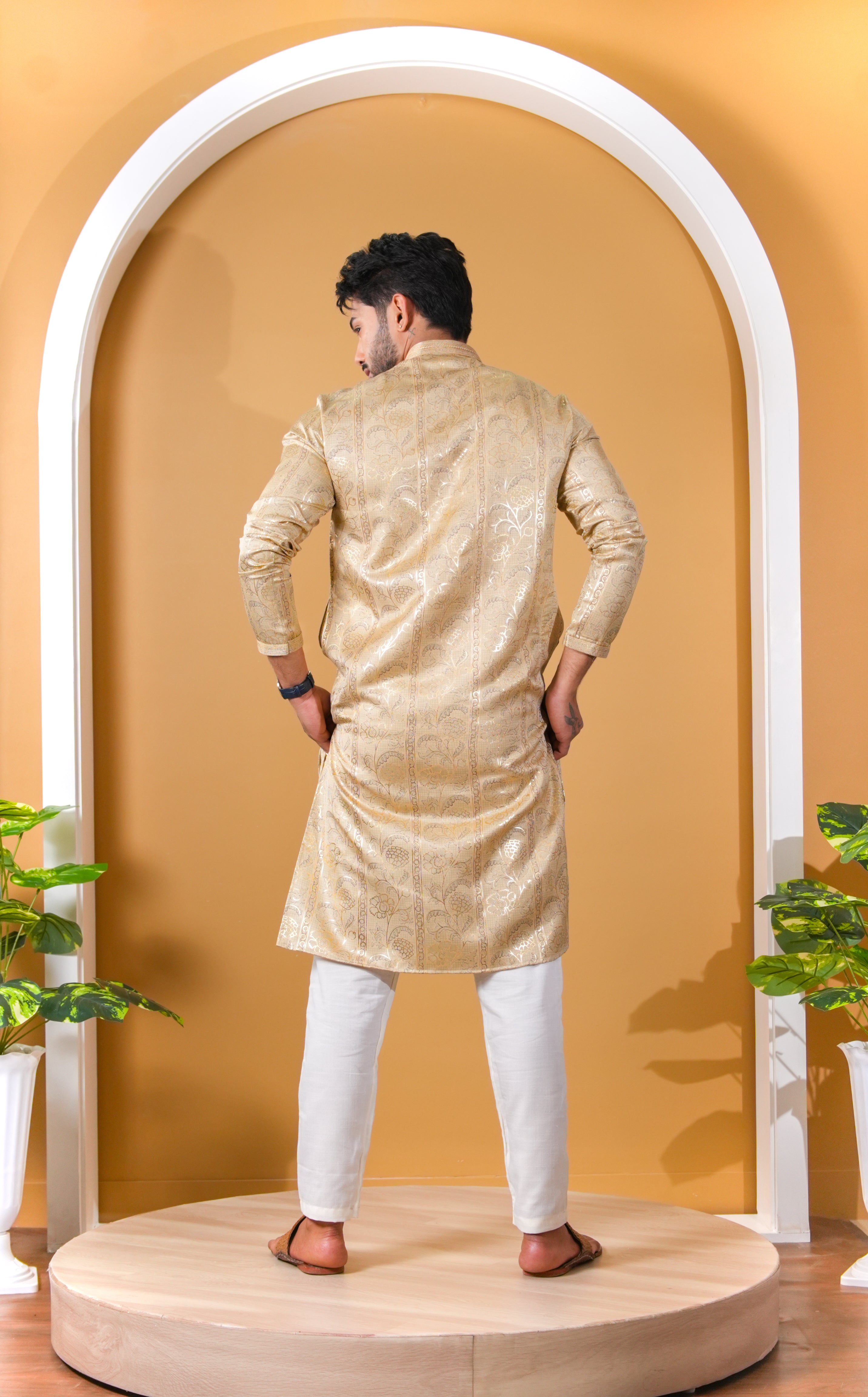 Champagne Gold Floral Silk Kurta
